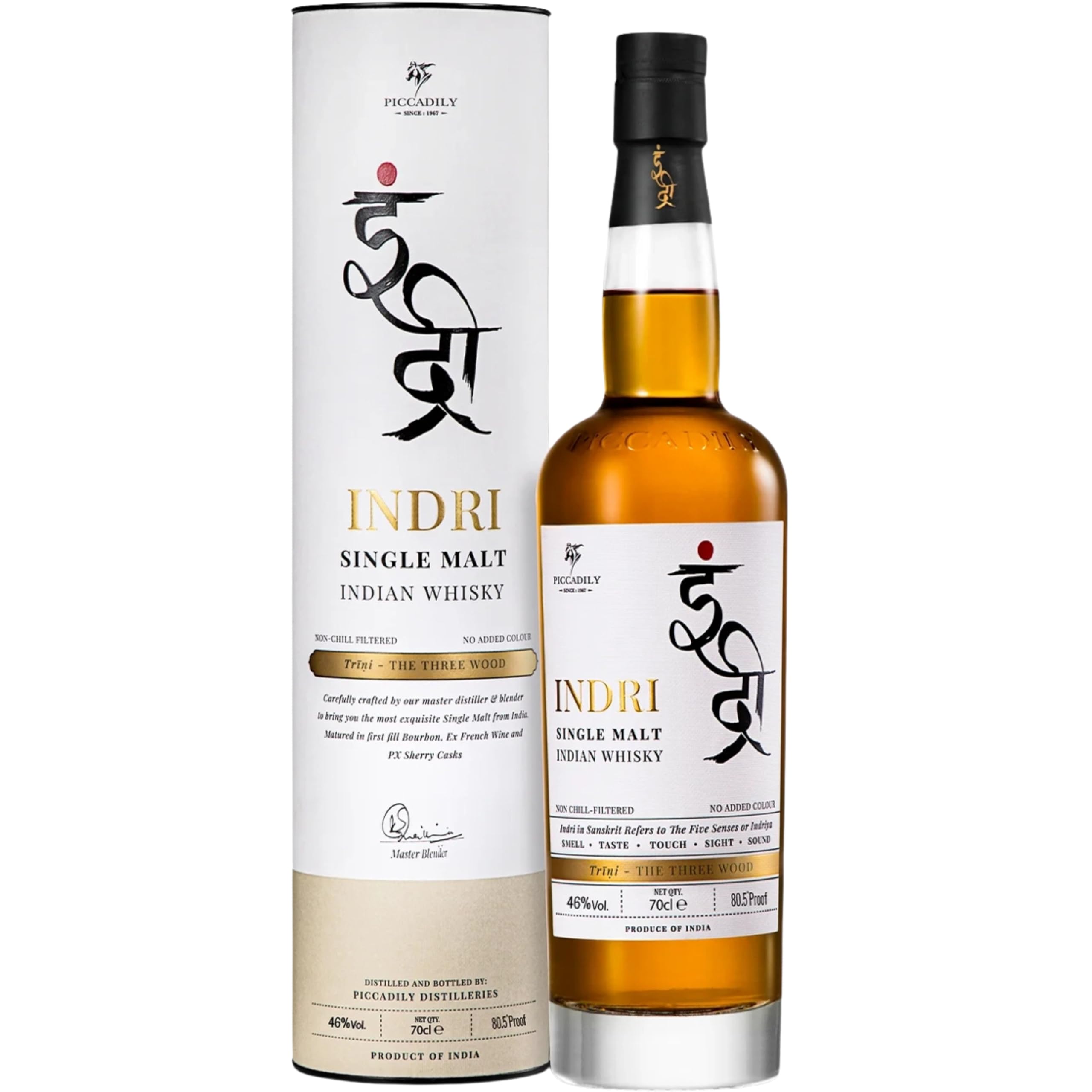 INDRI TRINI | Single Malt Indian Whisky | Premium Three Wood Cask | Six-Row Barley from Rajasthan, Award-Winning Whiskies from Piccadily Distillery, Haryana | 46% vol, 70cl Gift Tube, Gifting Idea