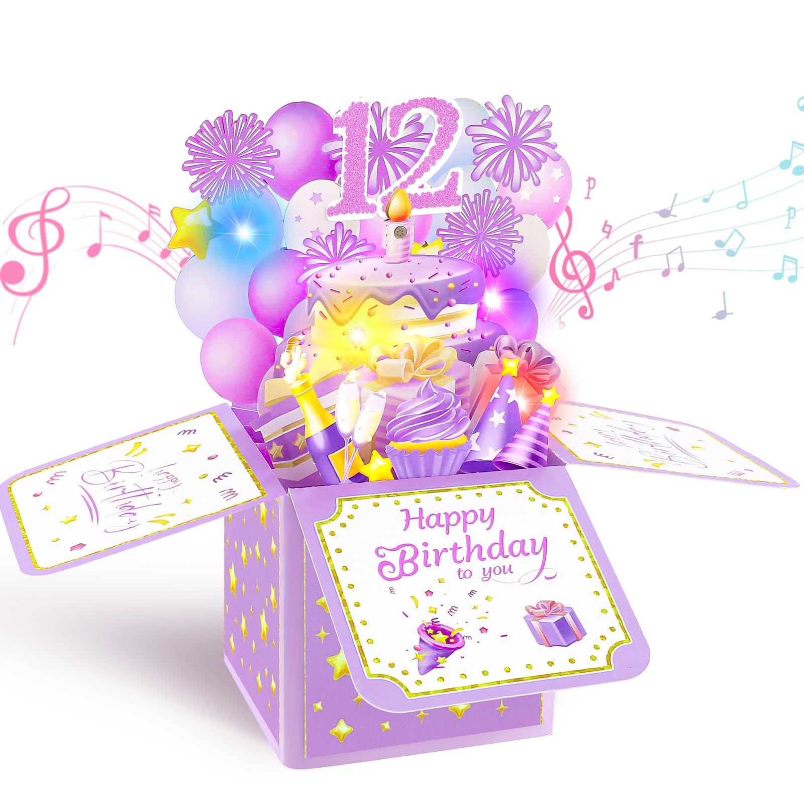 12th Birthday Card for Girls, Musical Pop Up Birthday Card with Lights
