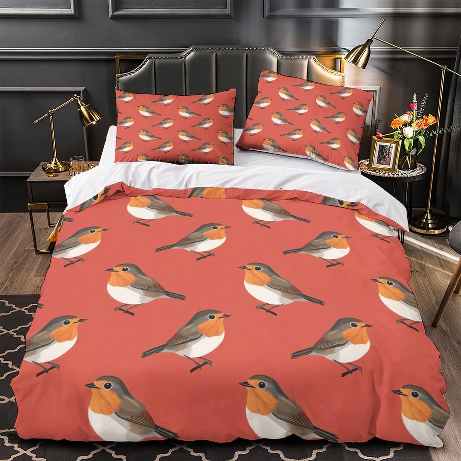 Housse de couette 3D Rouges-Gorges 220x240 cm en microfibre avec 2 taies d'oreiller vintage