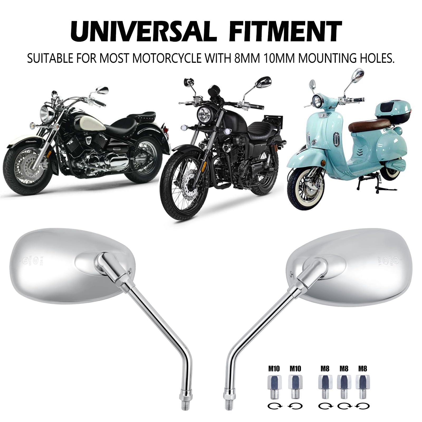 DREAMIZER Rétroviseur moto, rétroviseurs latéraux M10 M8 avec paquet de vis pour scooter Street Bike Cruiser Chopper Sport Bike ATV
