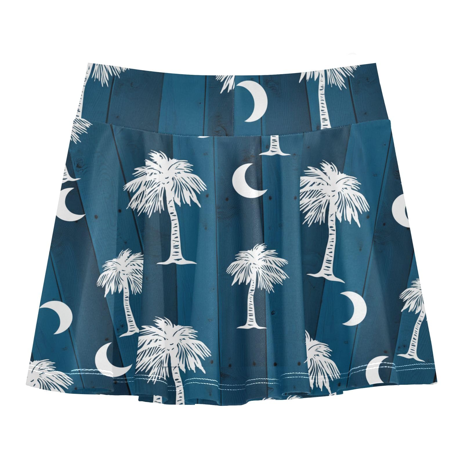 CHIFIGNO White Palm Trees Deep Blue Girls' Tennis Skirts with Shorts Athletic Skort Golf Workout Skirt with Pocket Size 7-8