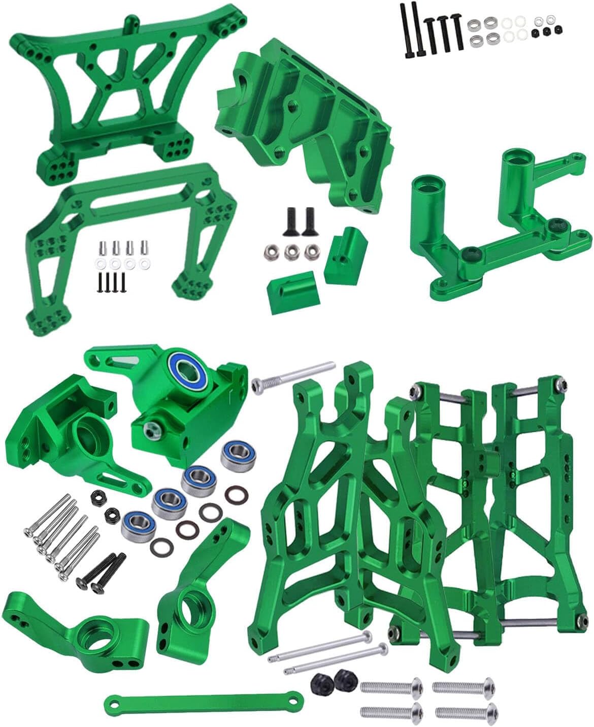 Upgrades Part for 1/10 Slash 2WD,Aluminum Front Rear Suspension Arm,Shock Tower,Caster Block,Steering Blocks,Rear Stub Axle Carriers,Steering Block,Front Bulkhead Upgrades Set,Green