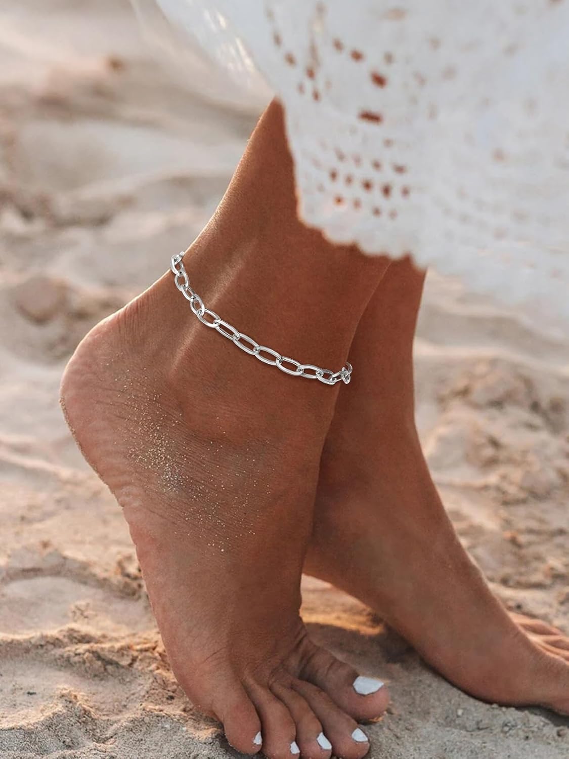 KeyStyle Paperclip Ankle Bracelets for Women, 14k Gold Plated Cuban Chain Rope LInk Anklets Sets, Stainless Steel Figaro Layered Anklet Pack Summer Jewelry(2PCS, 3PCS)
