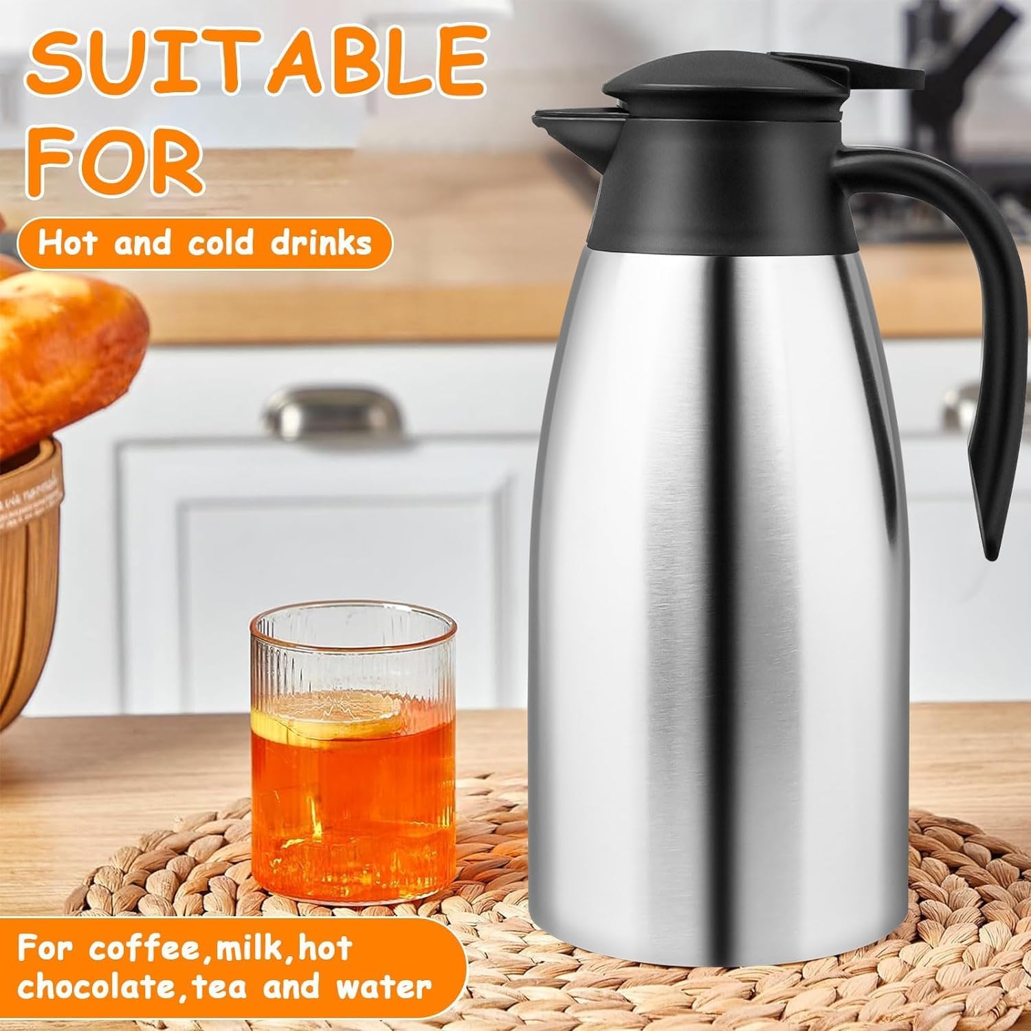 2 Pack 2L Thermal Coffee Carafe Jug, 68 OZ Silver Stainless Steel Insulated Tea Pot, Double Walled Vacuum Carafe Jug for Coffee Tea Hot Water Hot Beverage (12+ Hrs Heat & 24+ Hrs Cold Retention)