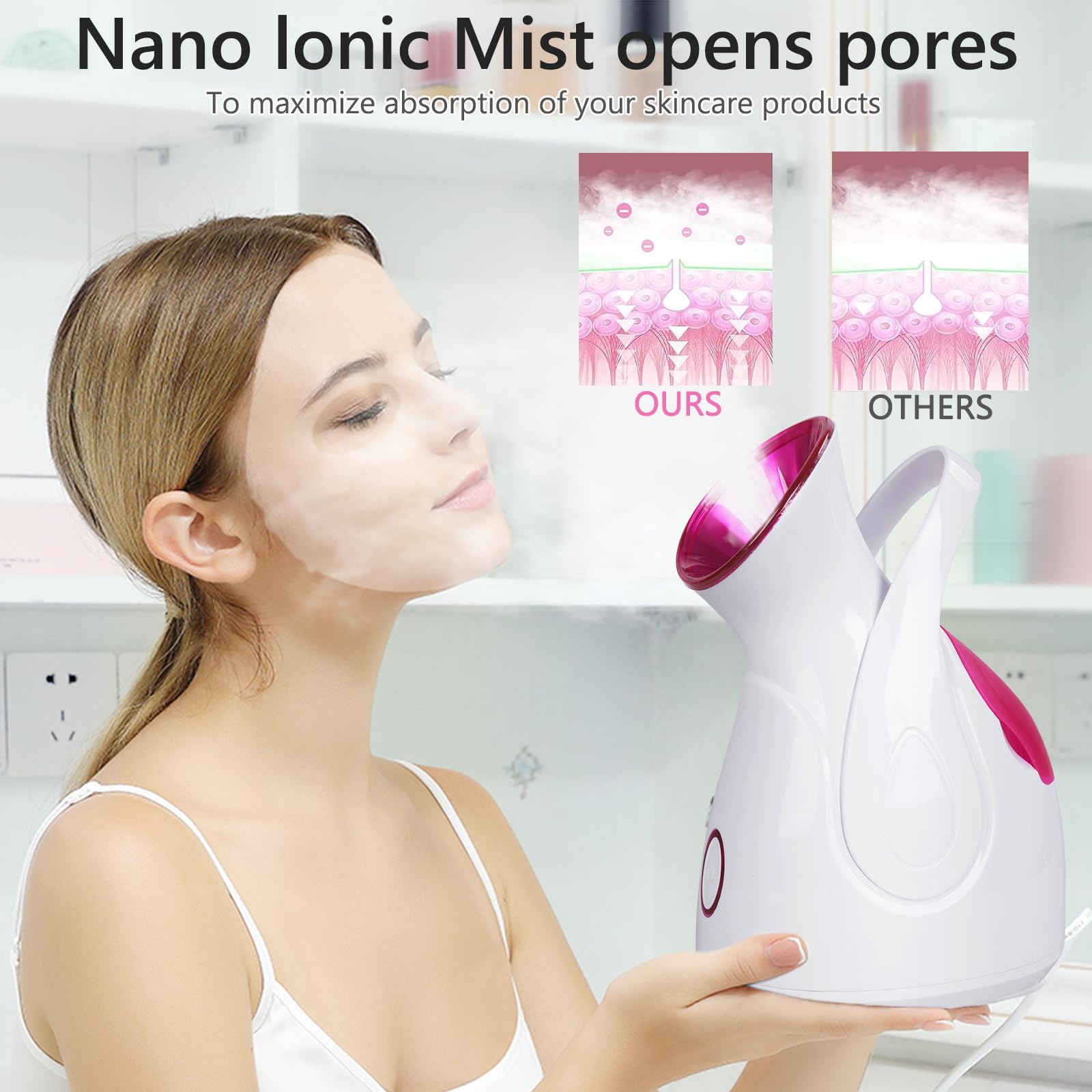 Vaporizador Facial Blanco para Sauna y Spa, Limpieza Facial, Spray Nano Ionic, Humidifier Steamer, Limpieza Profunda de Poros y Espinillas