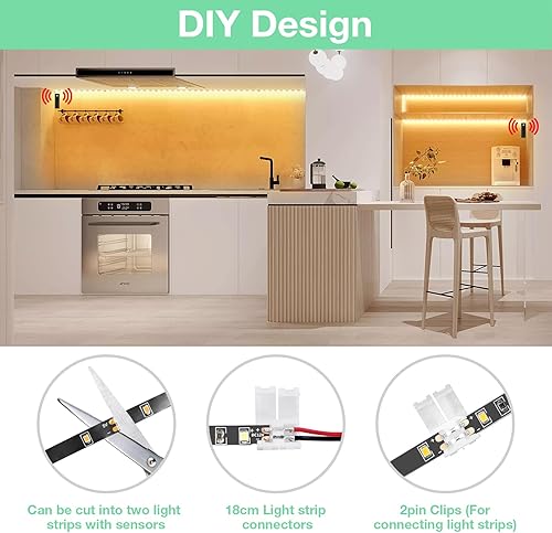 Miniatura 6 de WOBANE Tira de luz LED activada por doble movimiento, tira de luz recargable de 16.4 pies, luz de cinta alimentada por batería para debajo del