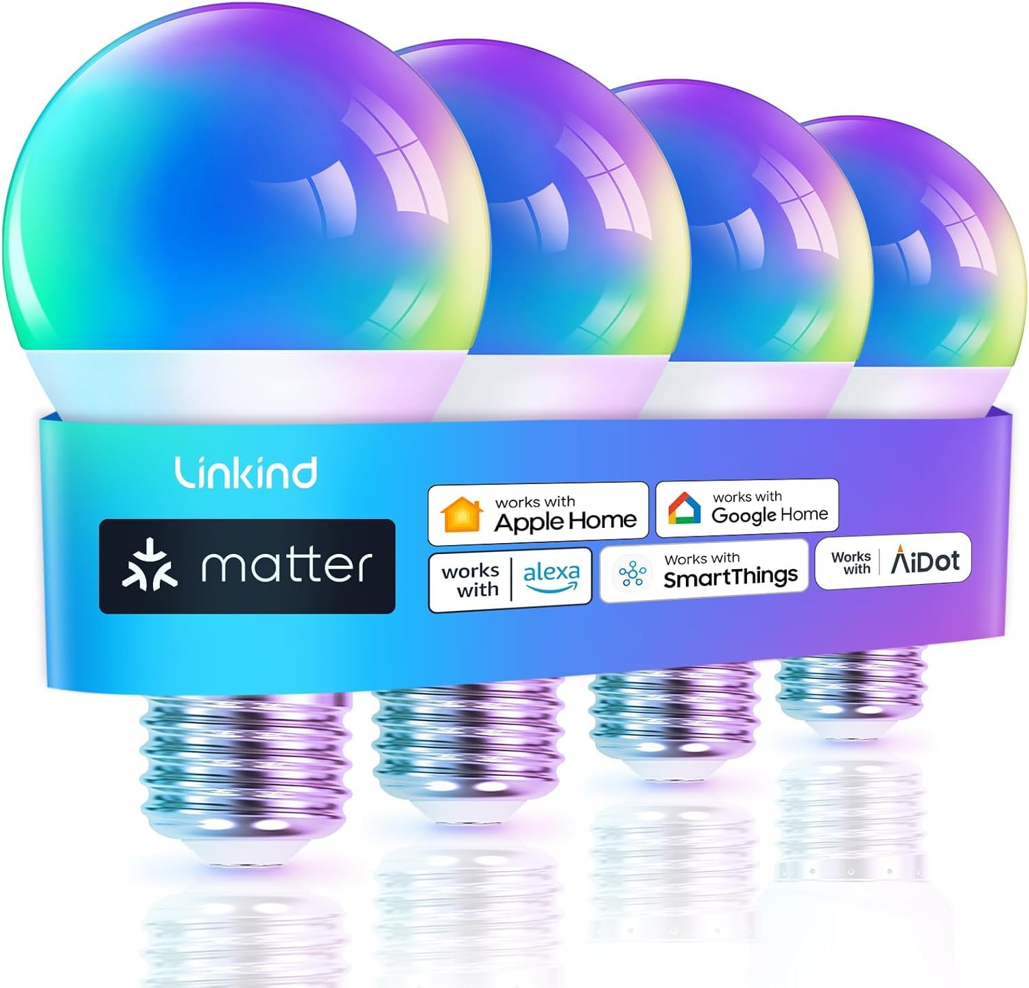 Linkind Matter Smart RGBTW Bombilla, WiFi LED E27, Bombilla Multicolor RGB/RGBTW 1800K-6500K, Compatible con Alexa Google Home, 9W equivalente a 60W, paquete de 4