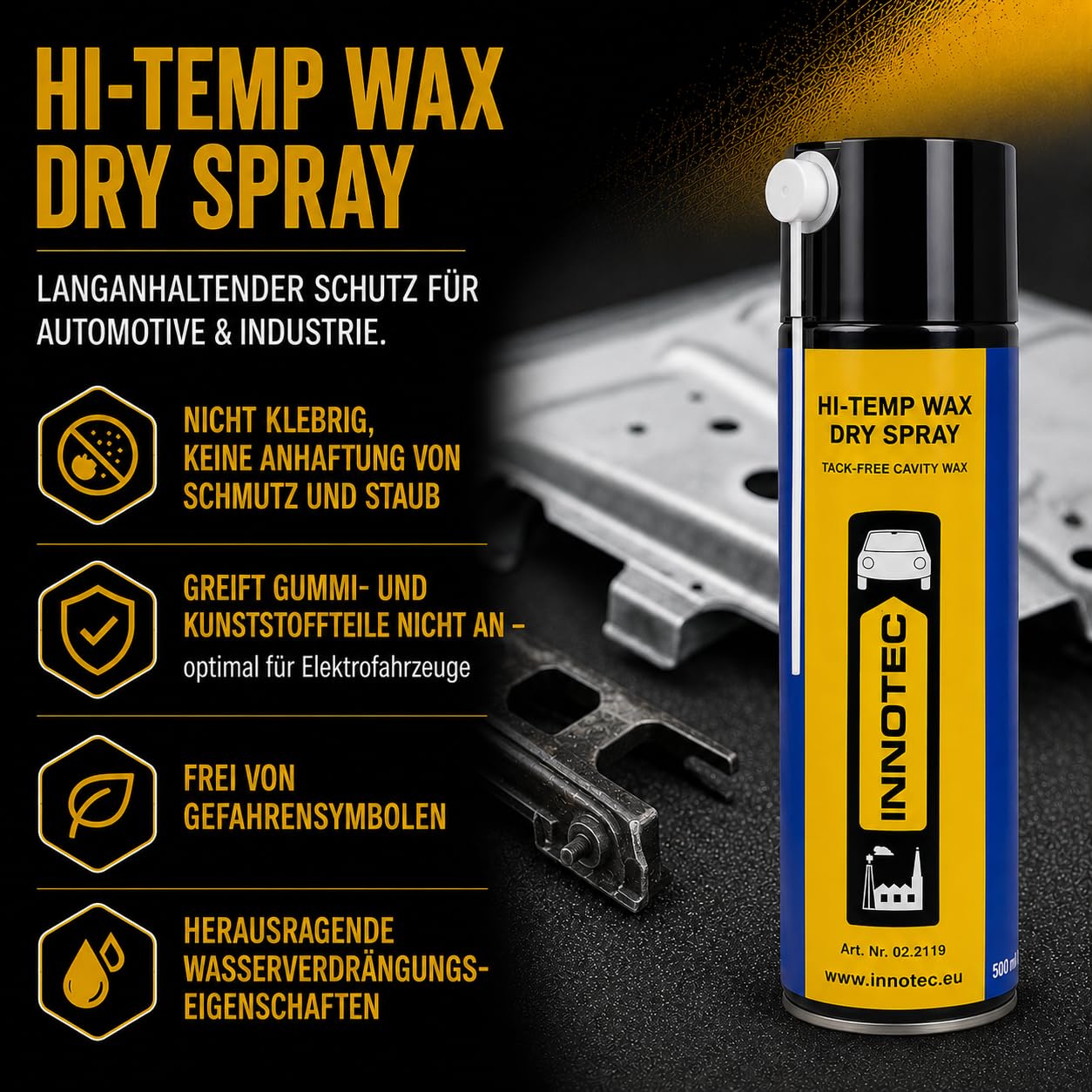 2 Stück Innotec Hi-Temp Wax Spray Unterboden und Hohlraumschutz Fettspray Transparent - Next Level Konservierung für Automotive & Industrie - Keine Anhaftung von Schmutz und Staub - 500ml Spraydose