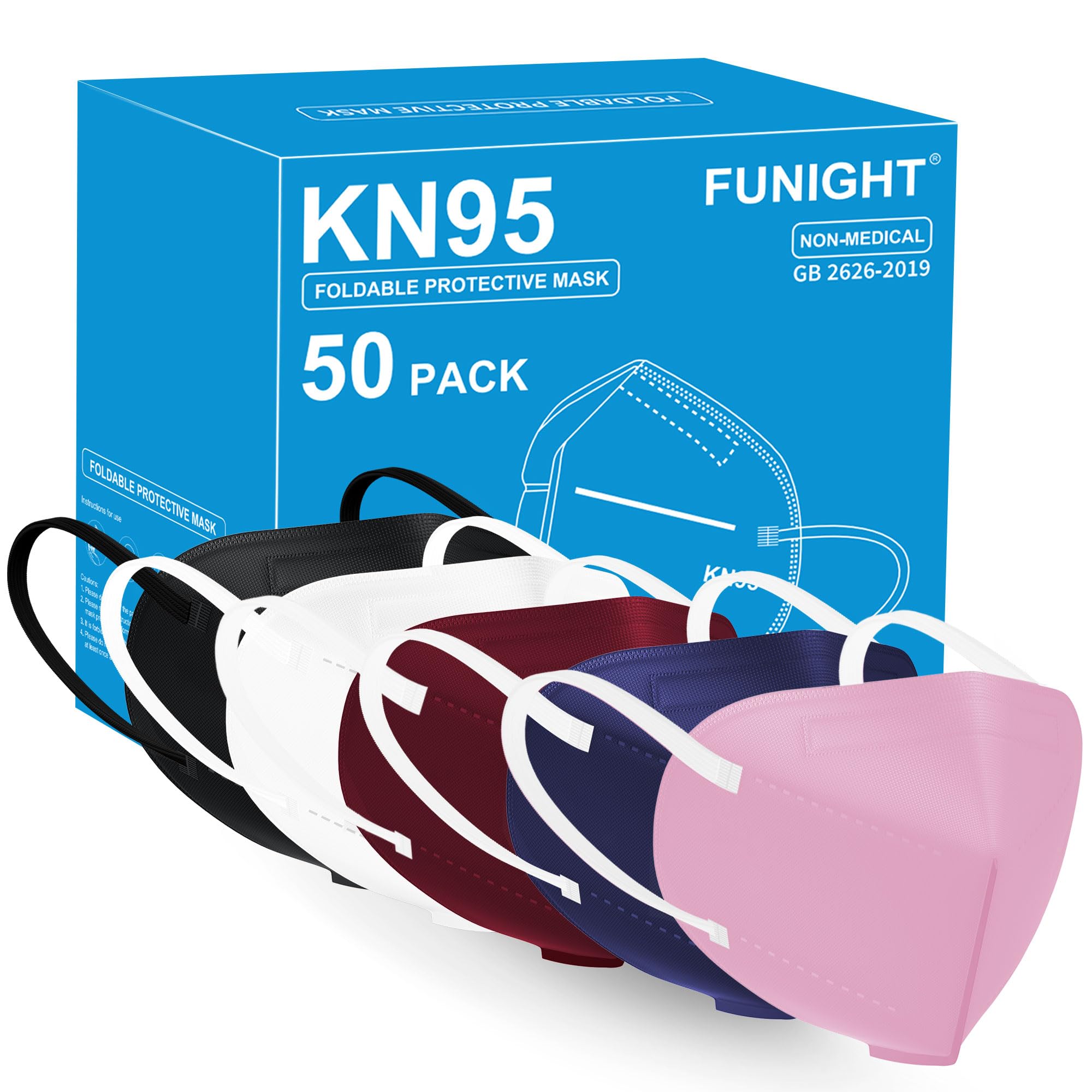 Funight KN95 Adult Masks 50 Pack 5 Layers Color Disposable Dust Masks with Filtering Efficiency≥95% Safety Breathable Mask