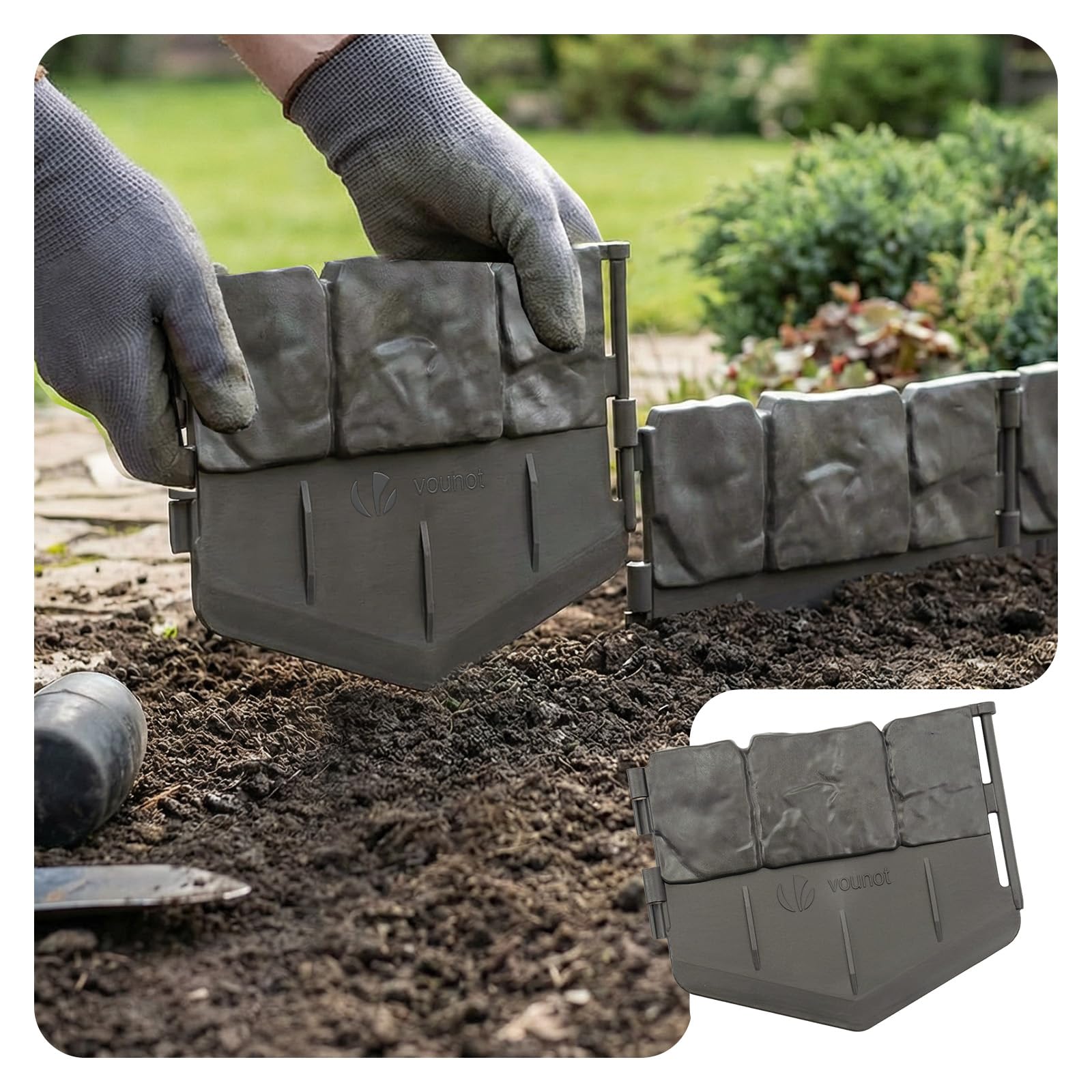 VOUNOT® Bordura per Aiuola Effetto Pietra 10,7m in Plastica Ultra Resistente, Senza Scavo, Bordo Giardino Decorativa Facile da Installare, per Vialetti, Aiuole e Prati, Set da 70 Pezzi, Grigio