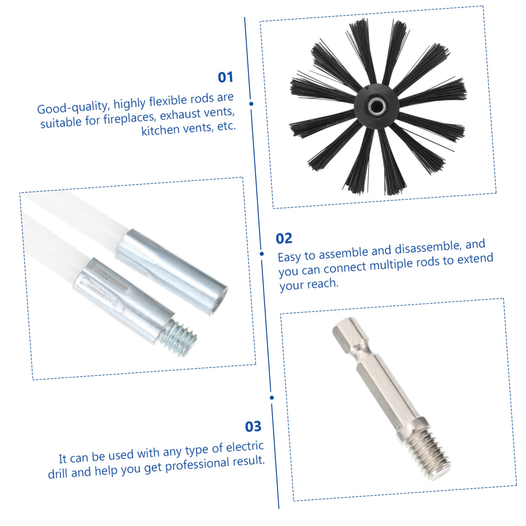 Set Spazzola per Pulizia Canna Fumaria 12 Pezzi Bianco | Nylon e Pe, Aste Flessibili ed Estensibili, per Stufa e Condotti di Scarico