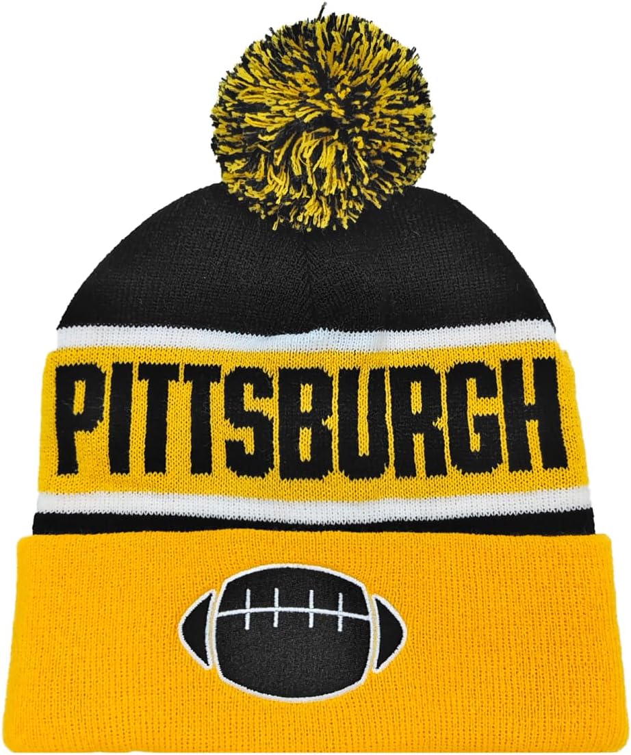 City Beanie Knit Hat with Pom Winter Cuffed Cap Sport Fans Gift for Men Women
