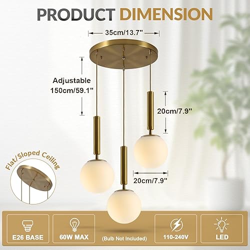 Miniatura 2 de BOKT Moderna lámpara colgante de 3 luces en racimo de cocina, isla de mediados de siglo, ajustable, globo dorado cepillado, lámpara colgante,