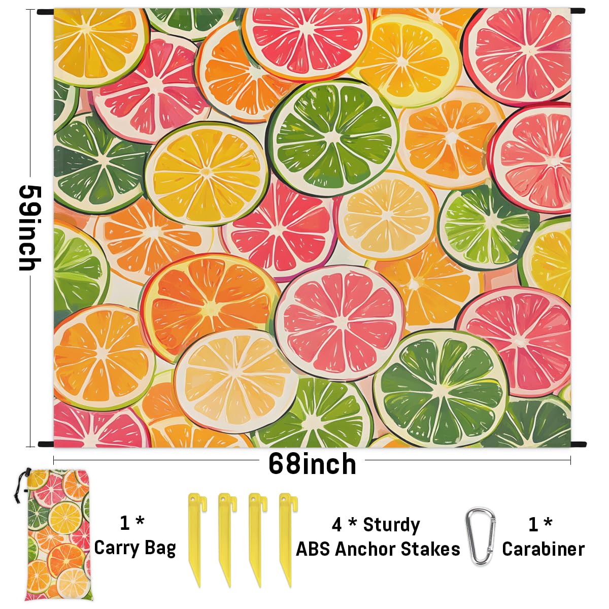Eabrults Waterproof Sandproof Beach Blanket, 59''×68'' Colored Orange Slices Polyester Outdoor Picnic Blanket with 4 Stakes & Storage Bag for Beach,Camping,Vacation Fruit