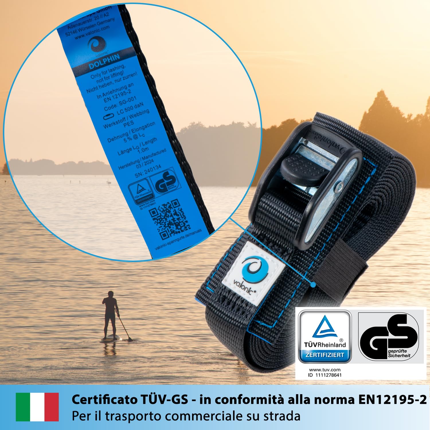 valonic Dolphin - 2x 2m cinghie di fissaggio, 25mm, 500 Kg, imbottite, certificate TÜV Rheinl. / GS, EN-12195-2 - con fibbia per portapacchi, bagagli, nero