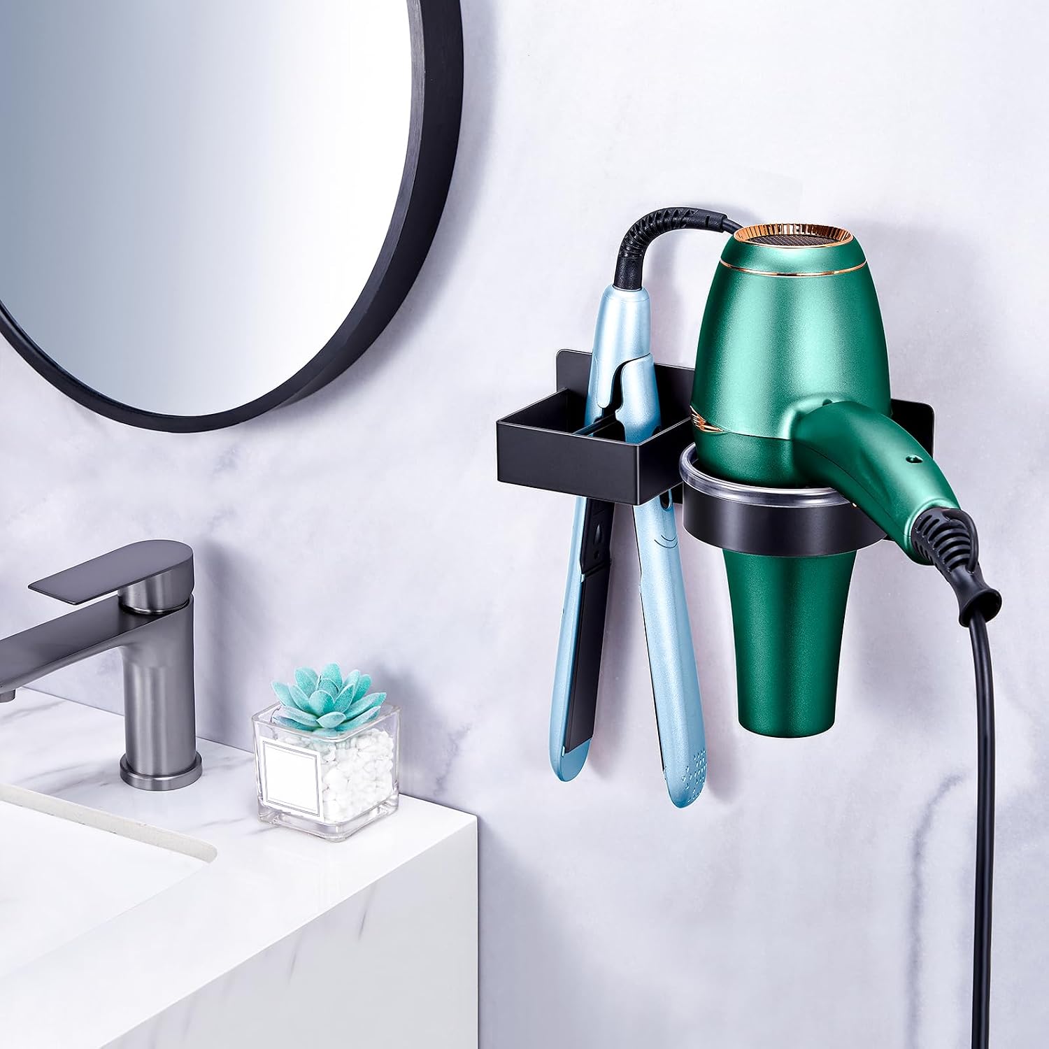 Hair Straightener Holder Wall Mounted Blow Dryer Holder, Blow Dryer and Curling Iron Holder, Bathroom Hair Dryer Straightener Holder, Salon Hair Tools Organizer Storage (Black)