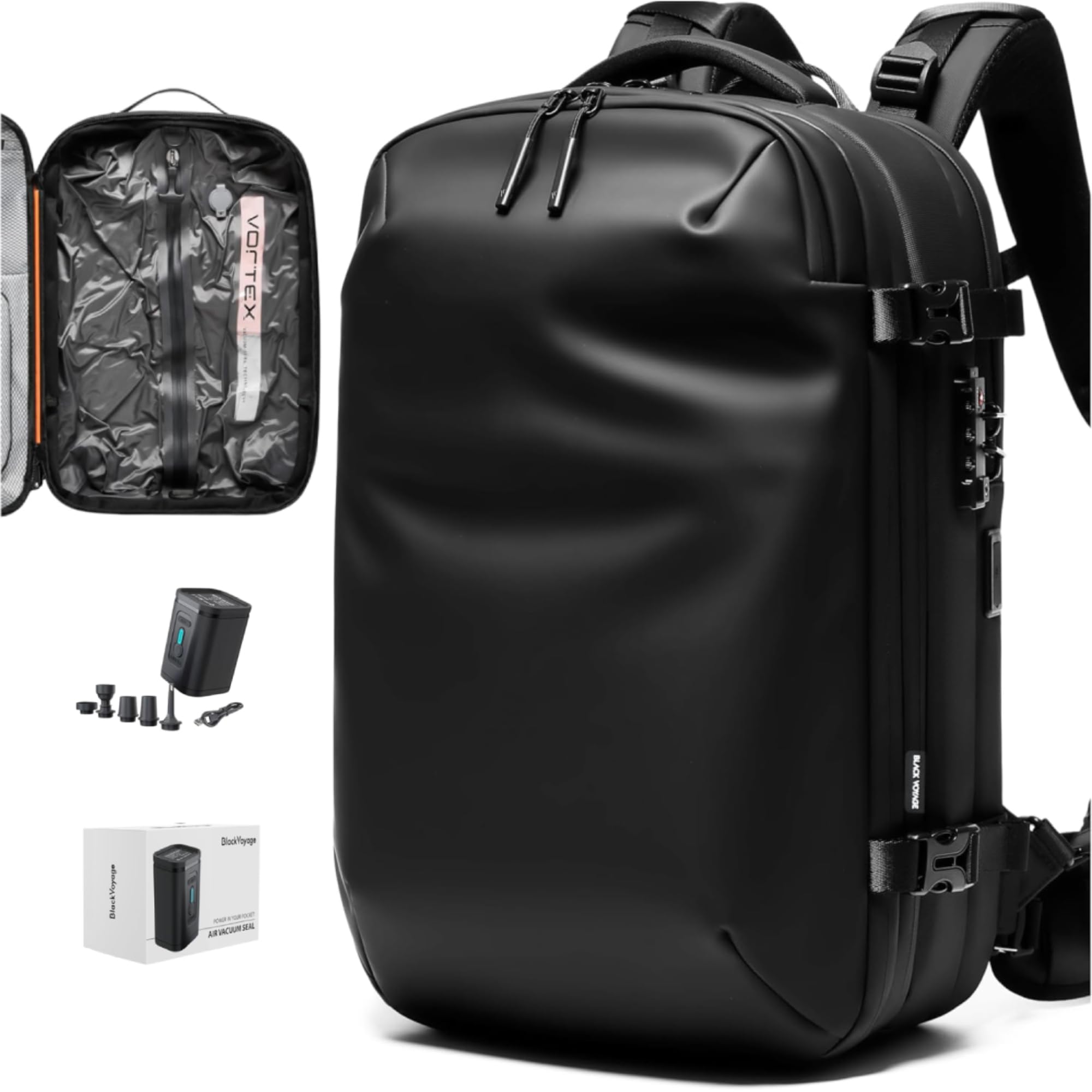 Vortex Vacuum Seal Travel Backpack 60L Expandable Air Compression System Water Resistant TSA Lock, Aero (Black), 60L (Air Pump Included), Aero-image-33