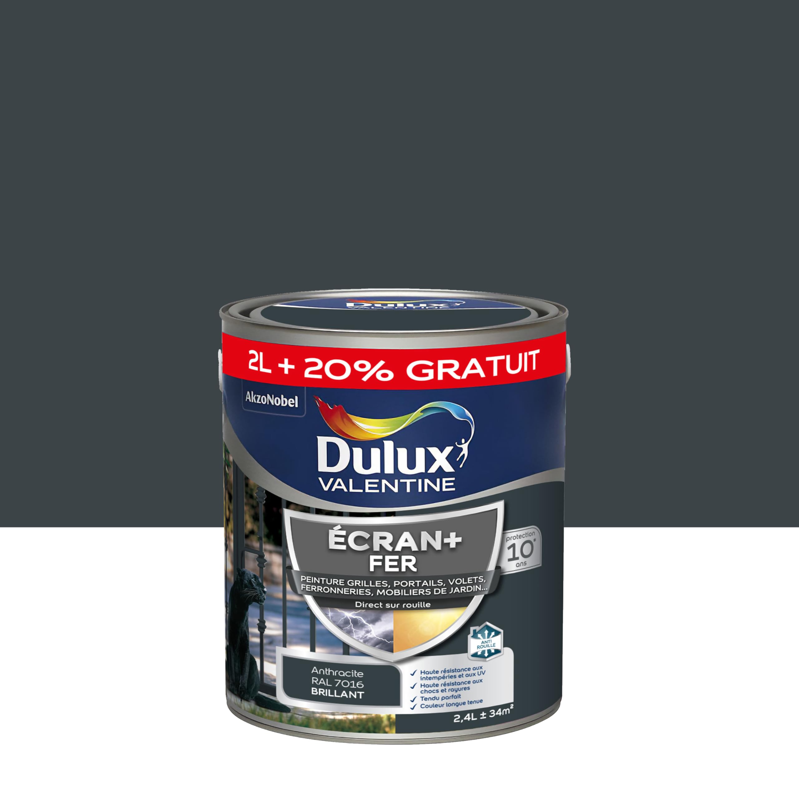 Dulux Valentine Peinture Ecran+ Fer Intérieur/Extérieur - Haute résistance aux intempéries, aux UV, chocs et rayures - Gris Anthracite 2 L + 20% gratuit