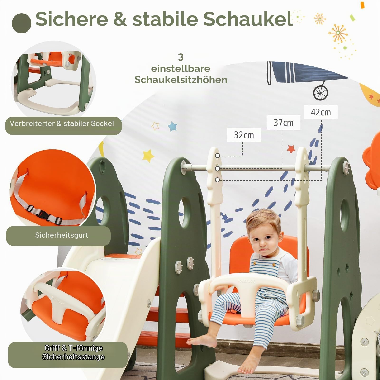 HOMASIS 6-in-1 Kinderrutsche mit Schaukel, Freistehende Rutsche & Schaukel & Basketballkorb & Kletterleiter & Fußballtor & Golfloch, Kinder Spielplatz für ab 3 Jahre Indoor & Outdoor (Orange+Grün)