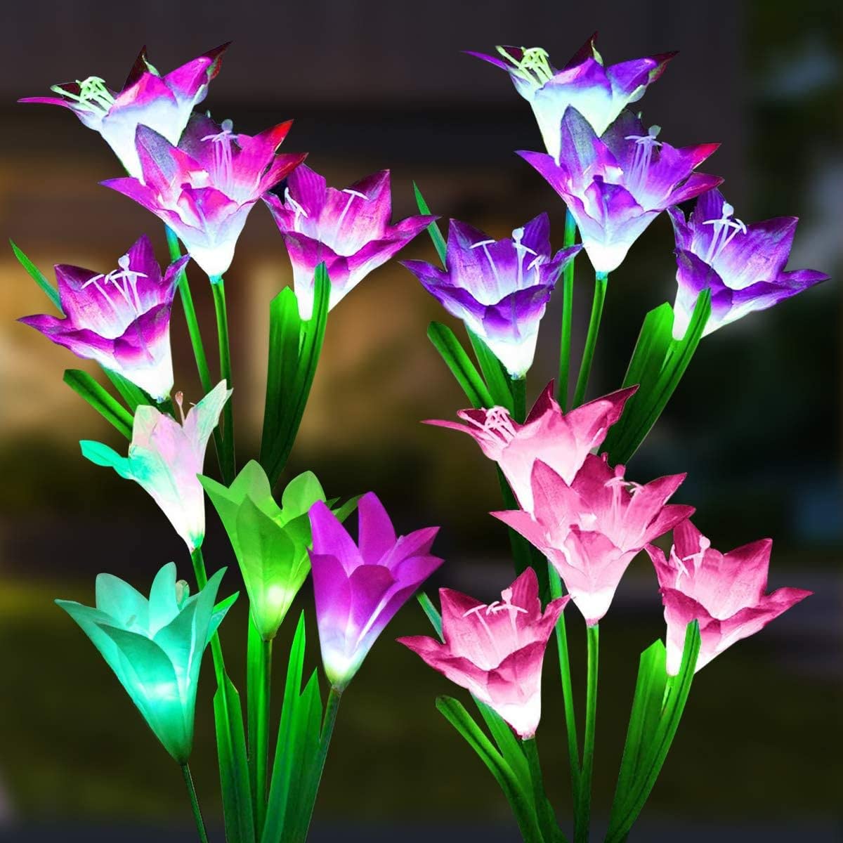 Solar Lights Outdoor Garden 4 Pack Garden Lights Outdoor Waterproof Multi-Color Changing Led Solar Flower with Bigger Lily for Patio Yard Pathway Garden Decoration