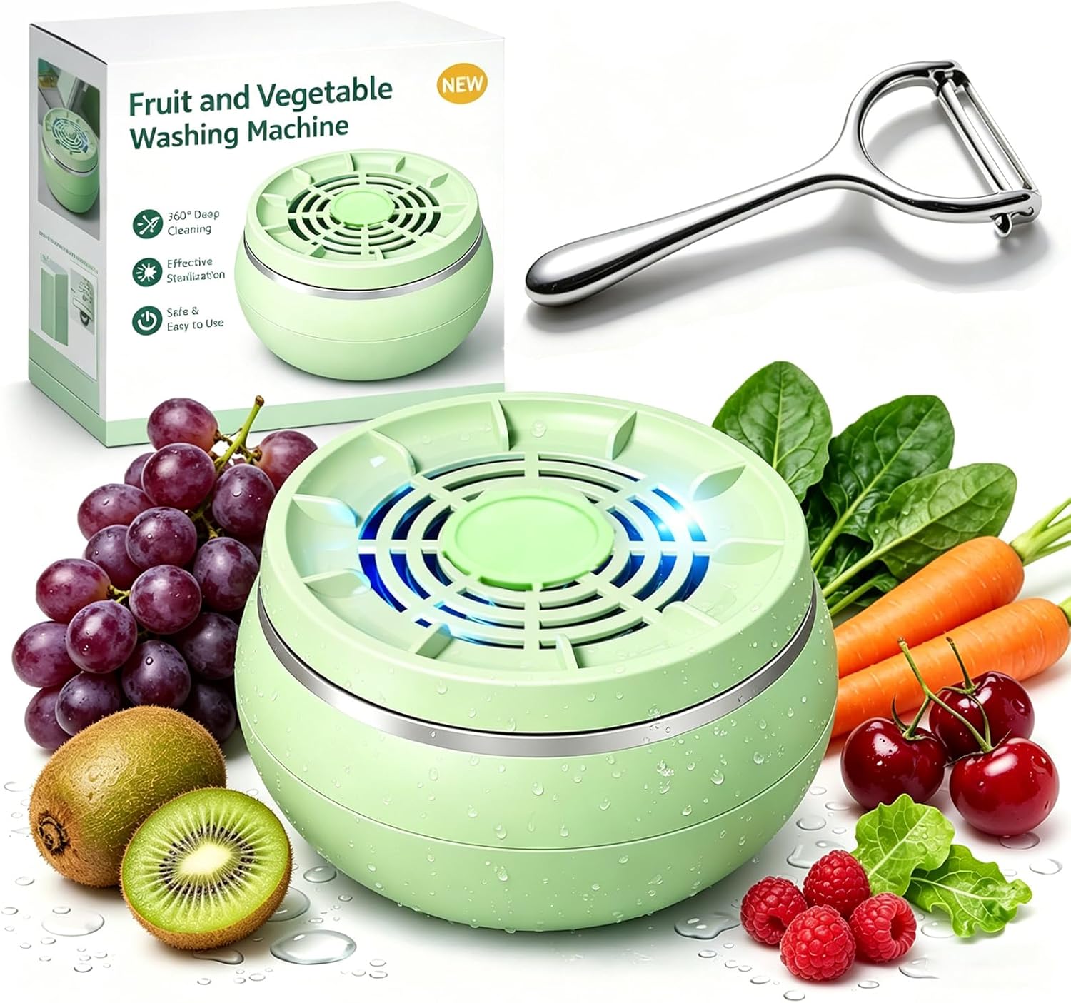 Fruit and Vegetable Washing Machine, 3600mAh Rechargeable Wireless Produce Cleaner Device with 4 Modes, Titanium Electrolysis Fruit and Vegetable Washer for Kitchen and Food Cleaning (Green)