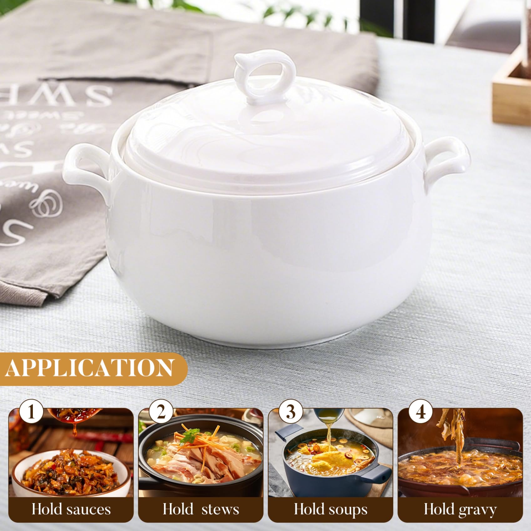 Sopa Tureen 3000 ml de cerámica redonda para servir tazones con tapas de sopa resistentes al calor con manijas de microondas seguros para la cocina del hogar del restaurante, decoraciones de Hallowee