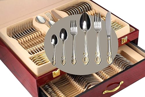 Juego de cubiertos de oro. Juego de 75 elementos para servir la comida, para 12 comensales, de acero quirúrgico premium 1810, con detalles bañados