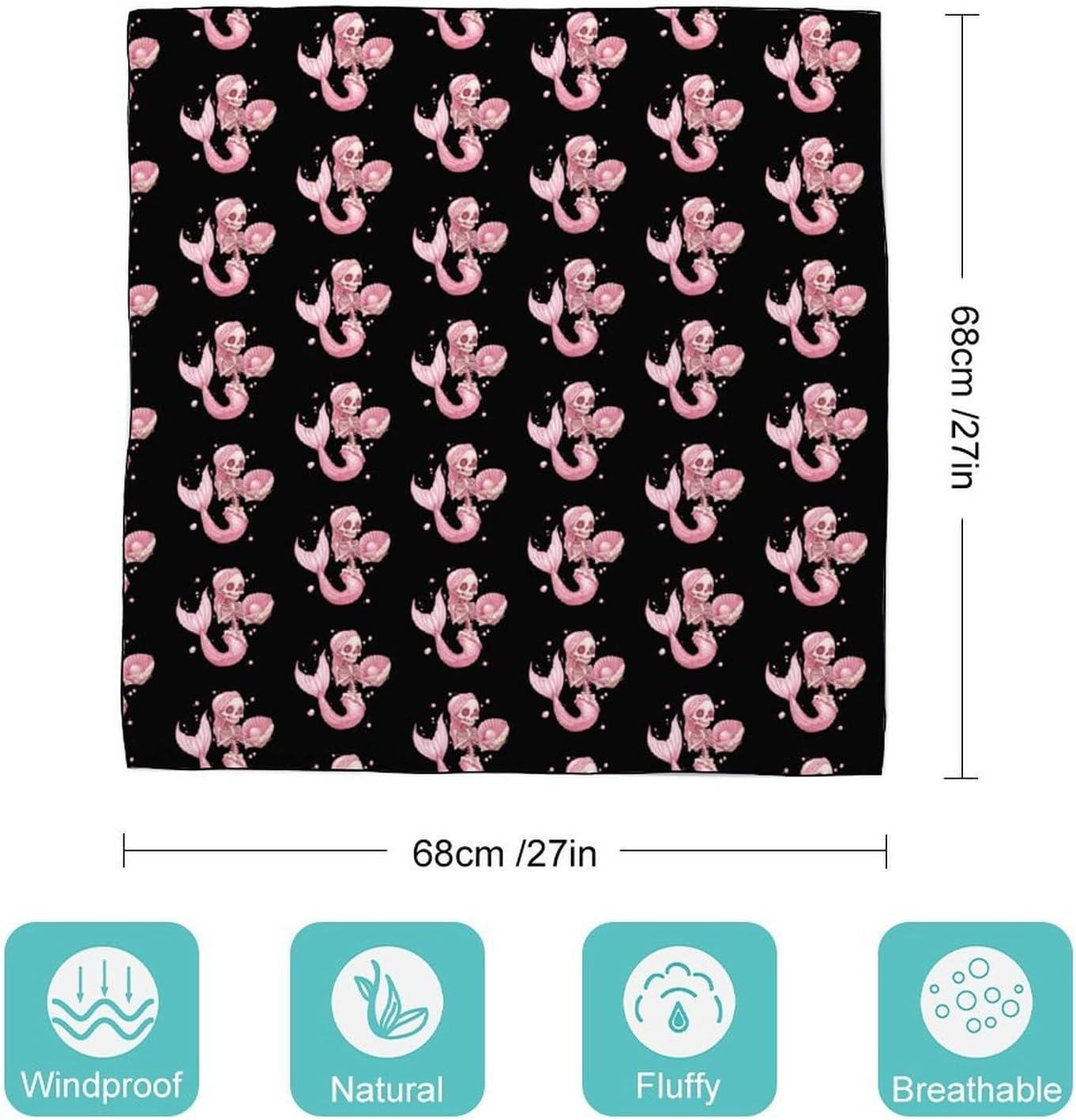 Skeleton Mermaides Silk-Like Square Scarf for Women Vintage Printed Neck Scarf Bandanas Hair Scarves