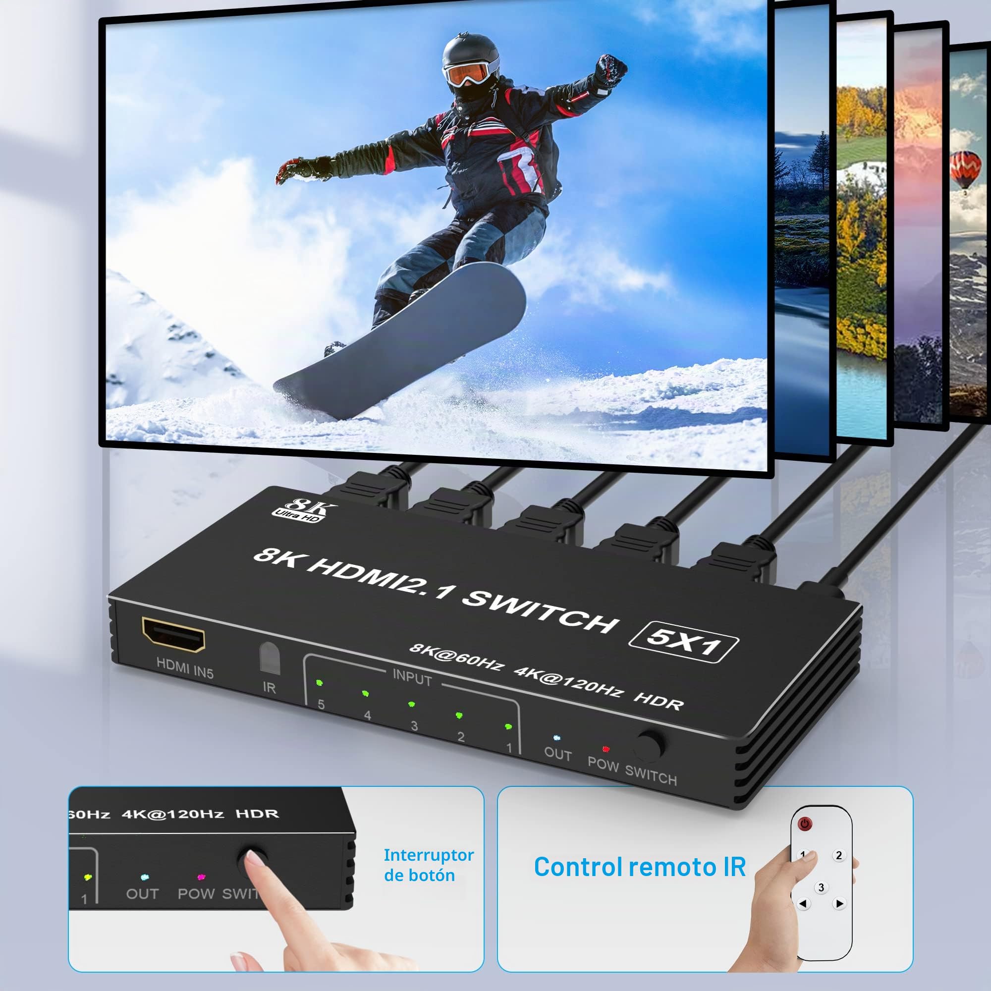 Conmutador HDMI 4K 120Hz 5 en 1 Divisor de Salida con Control Remoto - 8K @60Hz/4K @120Hz HDMI Switcher 5 Puertos para PS5, Xbox, PS4, PC TV