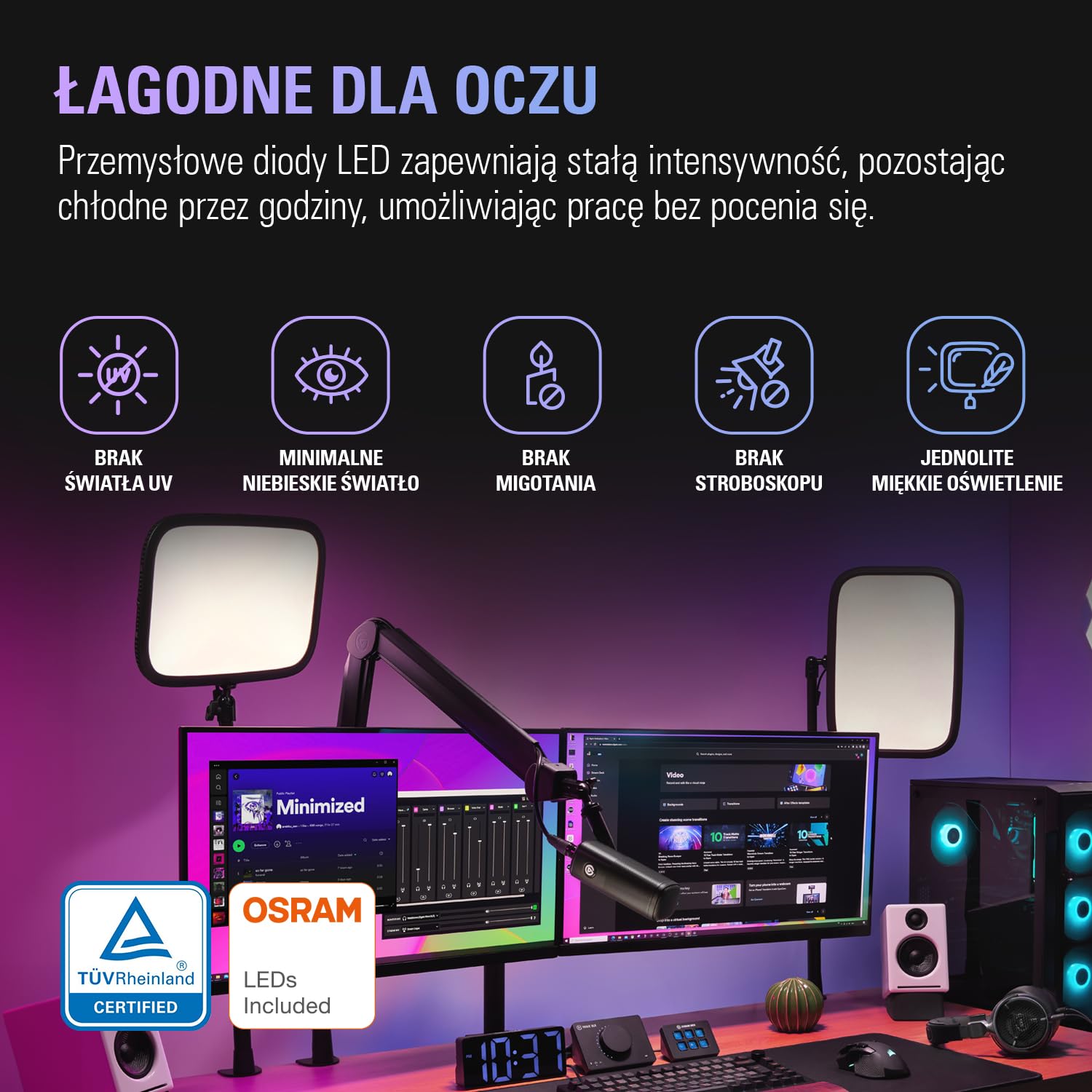 Elgato Key Light, oświetlenie studyjne 2800 lumenów | Zacisk na biurko, transmisje, nagrywanie, wideokonferencje, regulacja w aplikacji, Mac, PC, iOS, Android