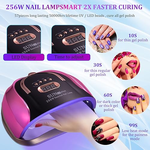 Miniatura 7 de Luz LED UV para uñas, luz de gel de alta potencia de 256 W, 4 ajustes de temporizador y lámpara de manicura profesional con sensor automático (viene