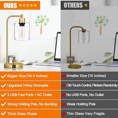 Miniatura 2 de Juego de 2-2 puertos USB y lámparas de mesa de noche con salida de CA, lámpara de mesa de noche regulable de 3 vías para sala de estar, dormitorio,