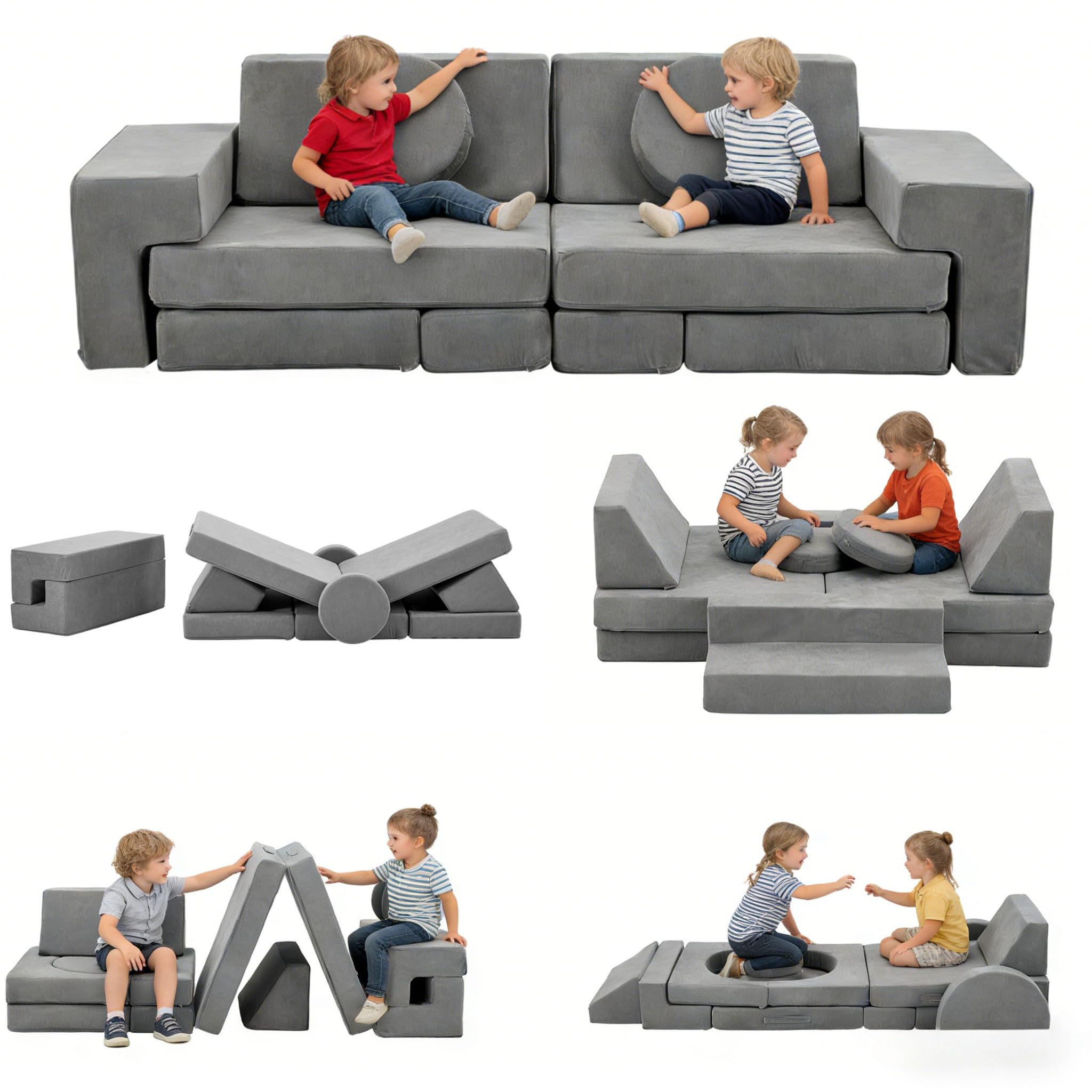 LALAHO Kindersofa Spielsofa für Kinder aus Kordsamt Cord，Klappbar Schaumstoff Bausteine kindercouch & Kindersessel，Vielseitige über Frei Baubare DIY，für Kinder für Spielzimmer，Schlafzimmer Möbel（Grau）