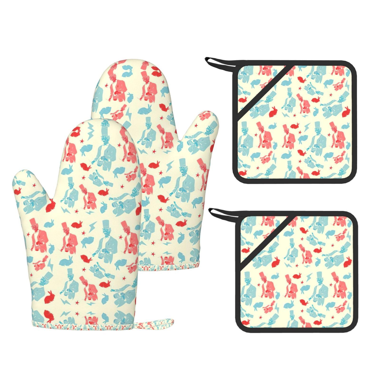 Magician rabbit Printed Oven Gloves and Hot Pads Set of 4, High Heat Resistant Silicone Mitts for Cooking BBQ