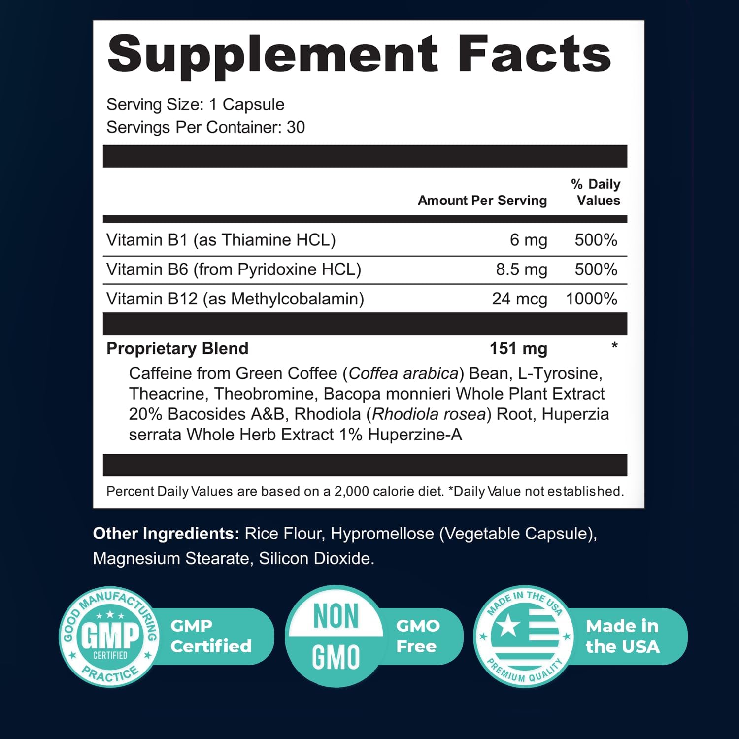 MemoMatrix – Daily Vitamin B1, B6, B12& Botanical Supplement with Bacopa, Rhodiola, Huperzia, L-Tyrosine & B-Vitamin Blend – Non-GMO Formula – 30 Capsules, 1 Month Supply