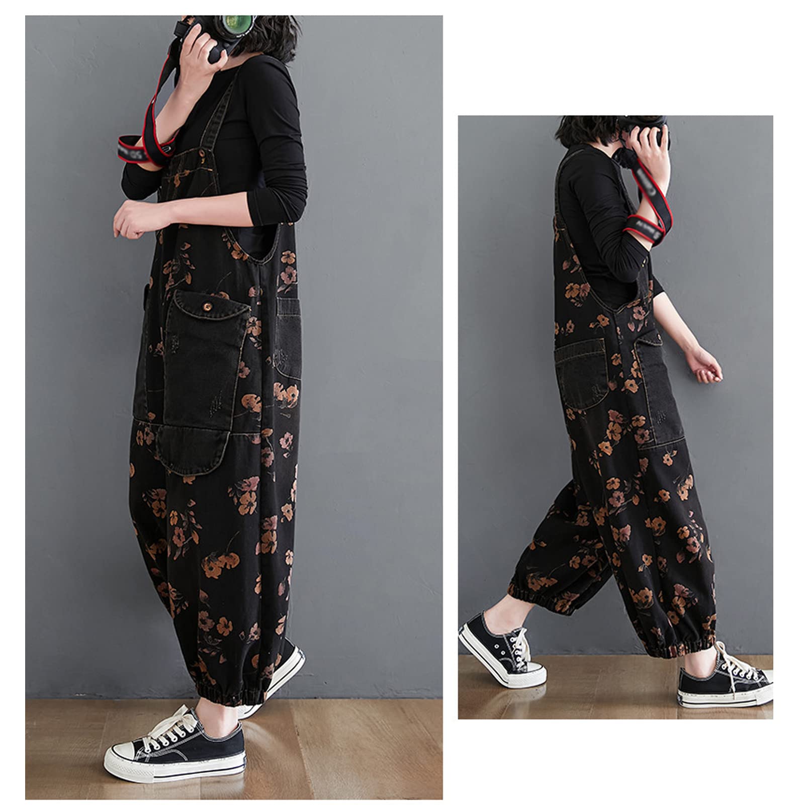 Salopette da donna in denim Salopette Pantaloni da donna Vintage Casual Baggy Jean Tute regolabili Tute Tute a gamba larga Tutina Pantaloni lunghi nero-XL