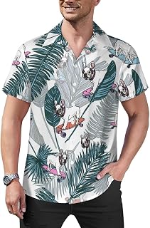Skateboard French BulldogTropical Leaves Mens Shirts Hawaiian Short Sleeved Cuban Collar Graphic Tees Tops
