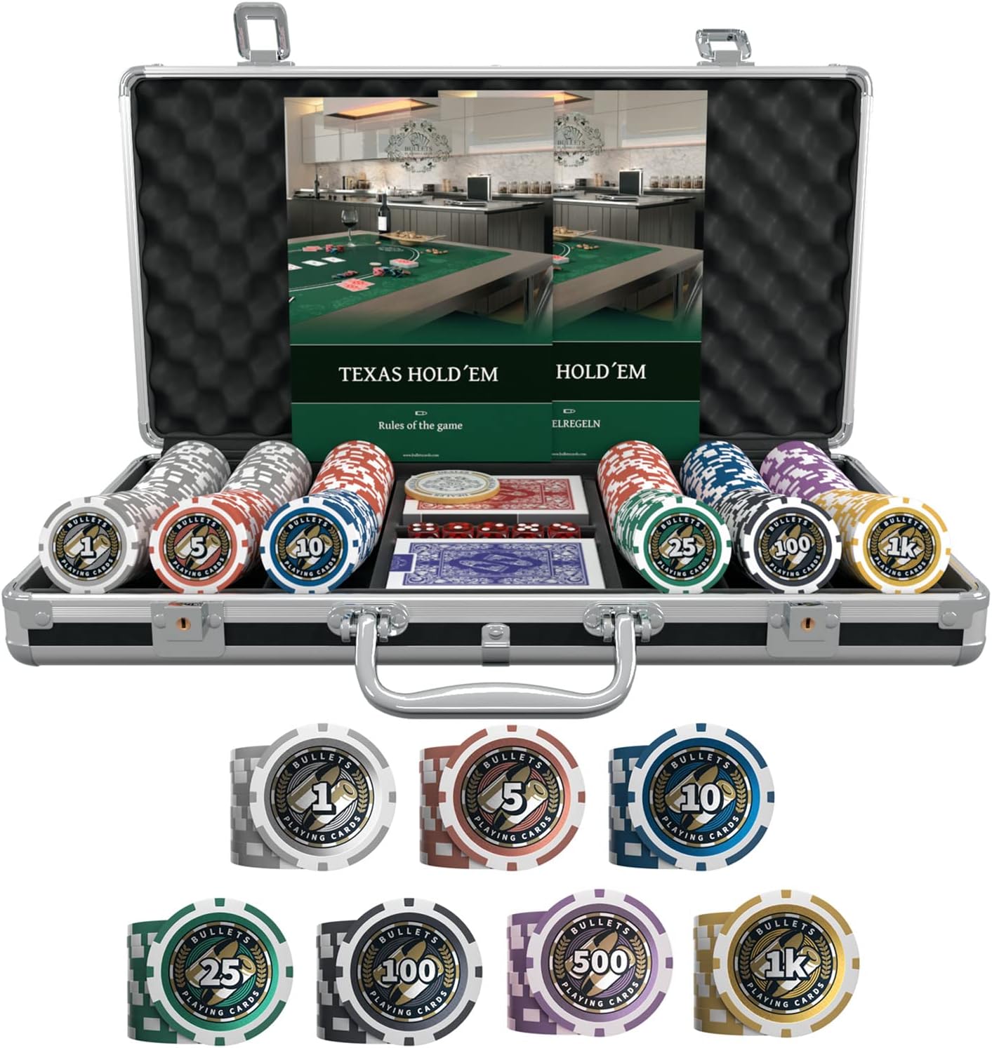 Bullets Playing Cards | Poker Set Christopher | 300 Plastic Poker Chips (12 g) with Aluminum Case, Plastic Playing Cards & Dice – Texas Hold’em, Numbered Values