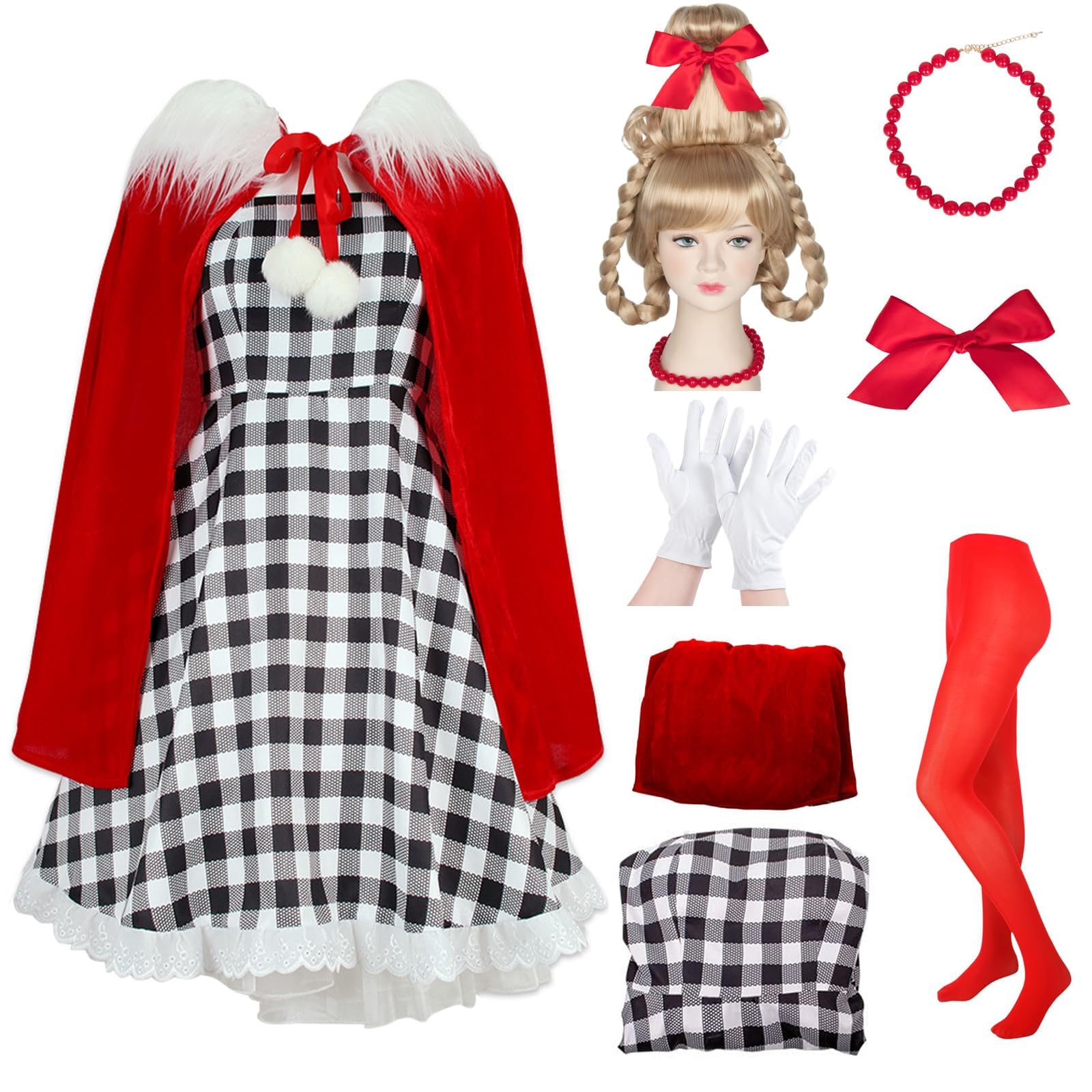 Claofoc Cindy Costume Adult 7PCS Christmas Cindy Dress Cosplay Outfits with Wig Pantyhose Gloves Cape Halloween Set for Women