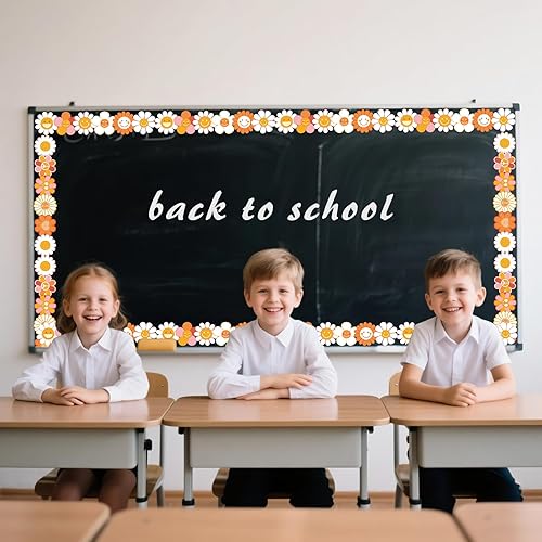 Miniatura 2 de Groovy - Bordes de tablón de anuncios, 72 pies, estilo hippie, retro, con cara sonriente de margarita, bordes enrollados troquelados para decoración