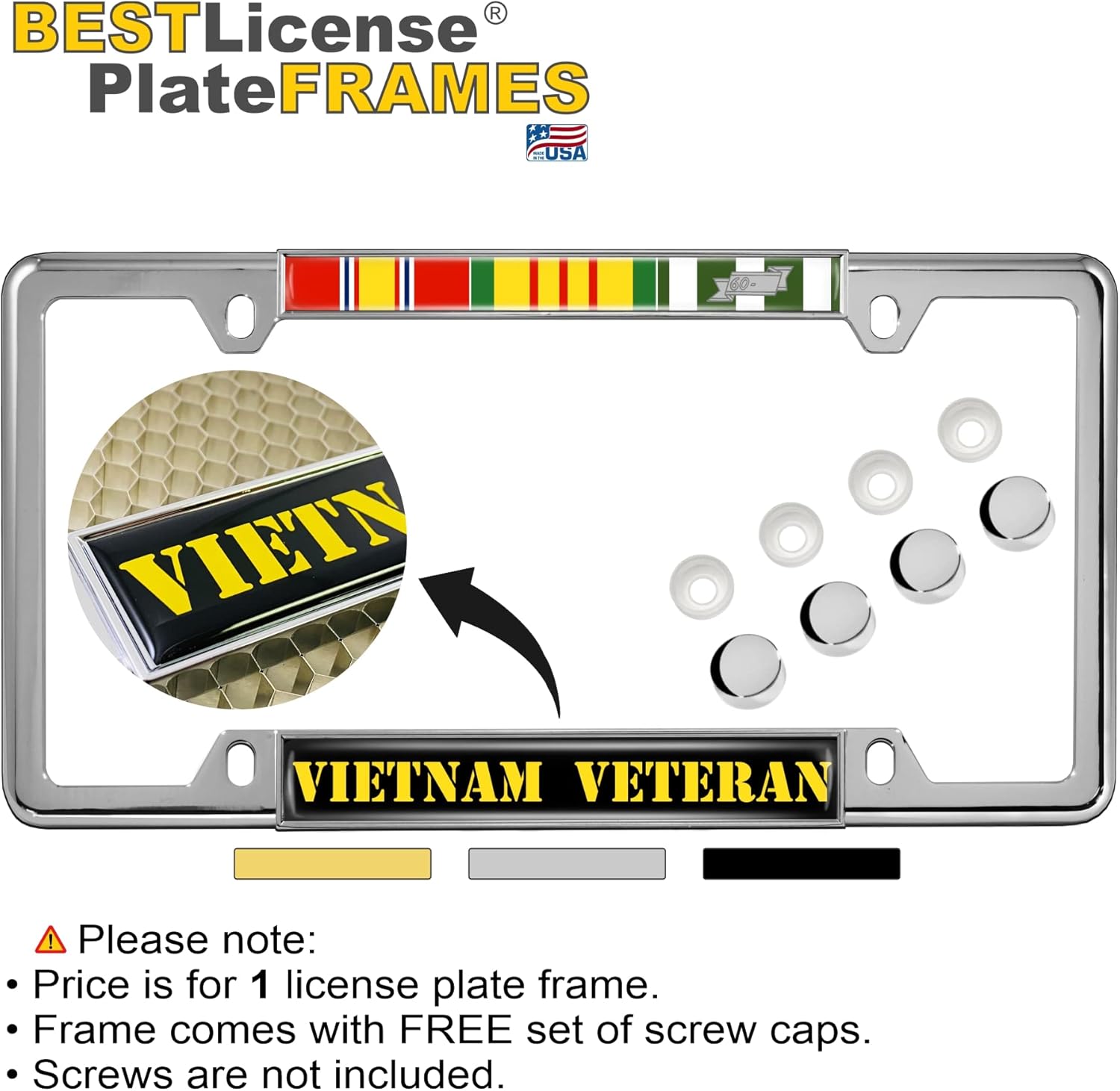 Vietnam Veteran 3 Service Ribbons - Domed Custom-Made Personalized Narrow (Thin) Top 4 Hole Metal Car License Plate Frame with Free caps - Chrome (Quantity: 1 Frame)