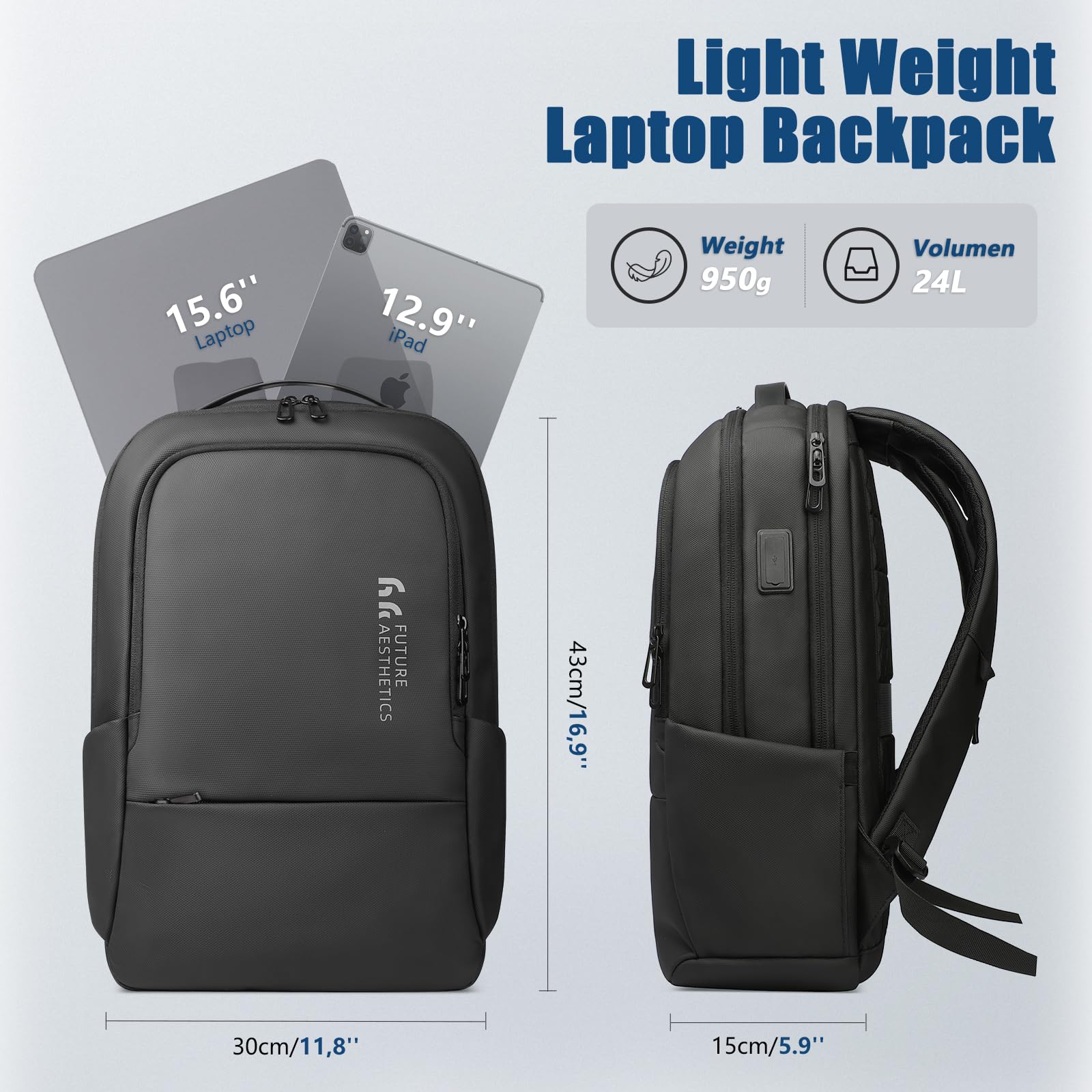 Sac à Dos Homme Sac a Dos pour Ordinateur Portable PC 15,6 pouces | avec USB Sac à Dos Élégant Antivol Sacs à Dos Décontractés pour Affaire Université Travail Voyage