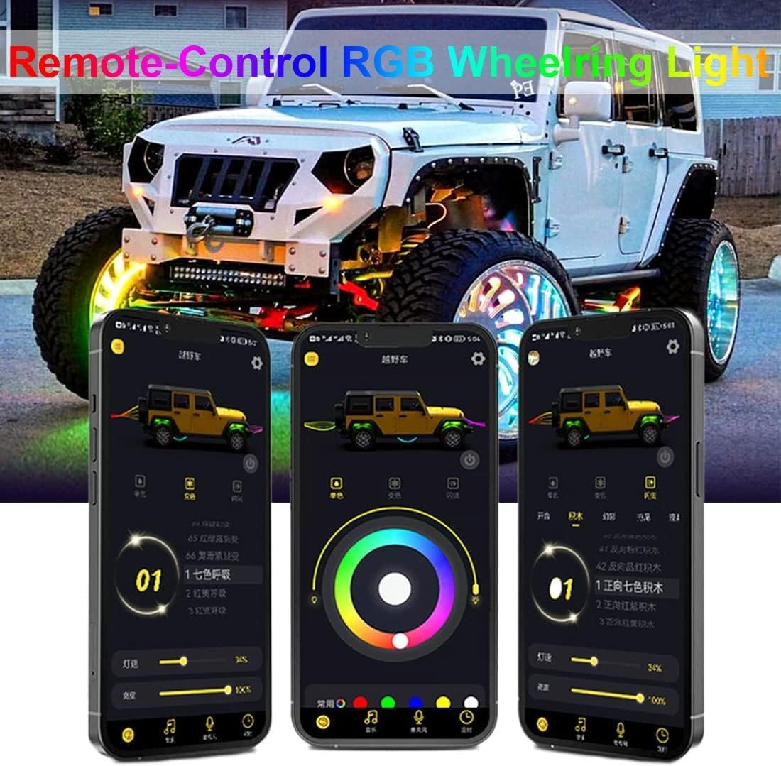 LED-Radringlicht, Blinker-/Rückfahrsignal und Bremsfunktion, wasserdichte APP-/Fernbedienung, Felgenlichter, Reifenlichter, 15,5-Zoll-LEDs-Radringlicht-Set for LKW, PKW, SUV, Wagen, 4 Stück