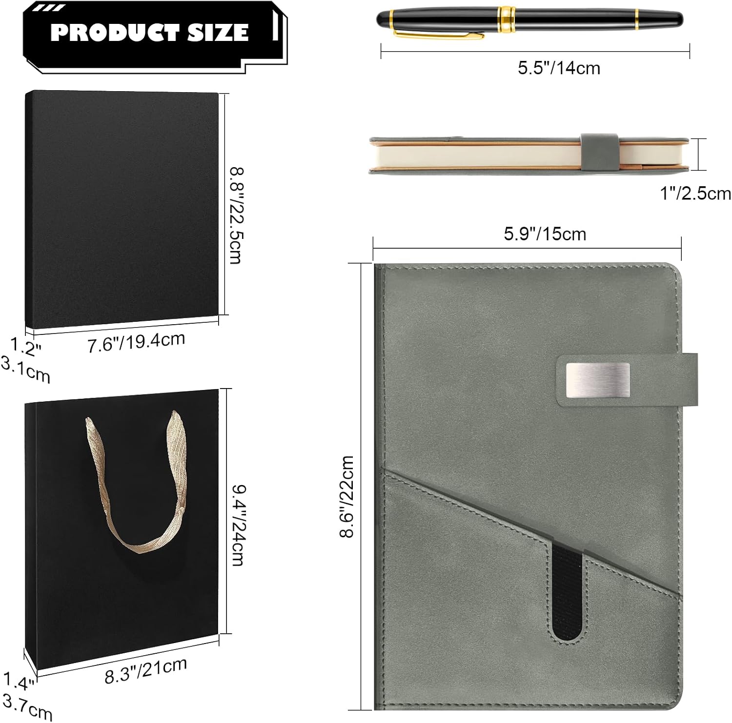A5 Lined Leather Notebook and Pen Set with Gift Box, 240 Pages Refillable Journal with Pocket and Magnetic Buckle, Hardcover Daily Diary for Men and Women Business Travel Personal Writing- Gray image 5