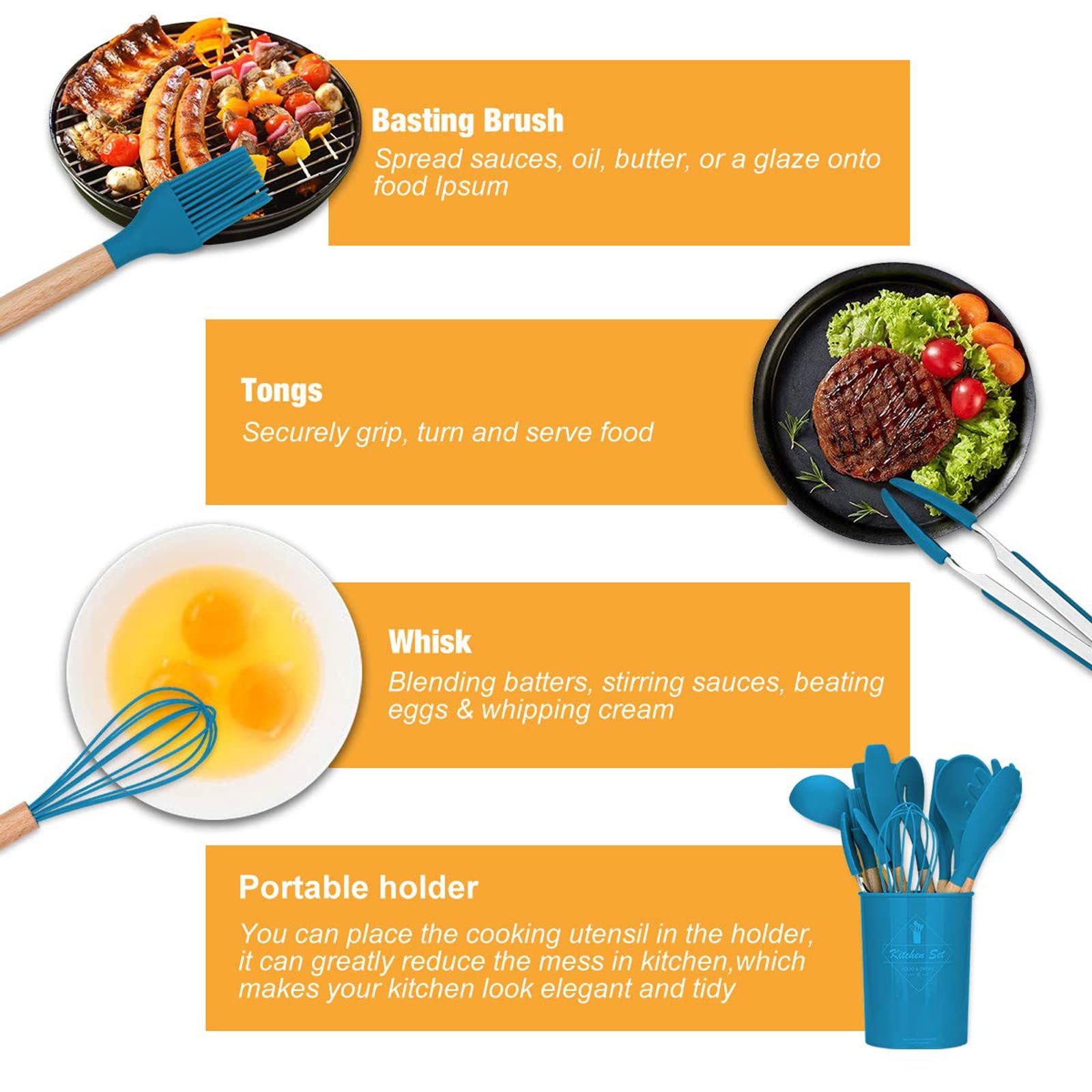 Lychee Utensili Cucina Set,12 Pezzi Set di Utensili da Cucina in Silicone,Resistente al Calore con Manico Legno Antiaderenti da Cucina Strumento di Cottura Termoresistenti (Blu Scuro)