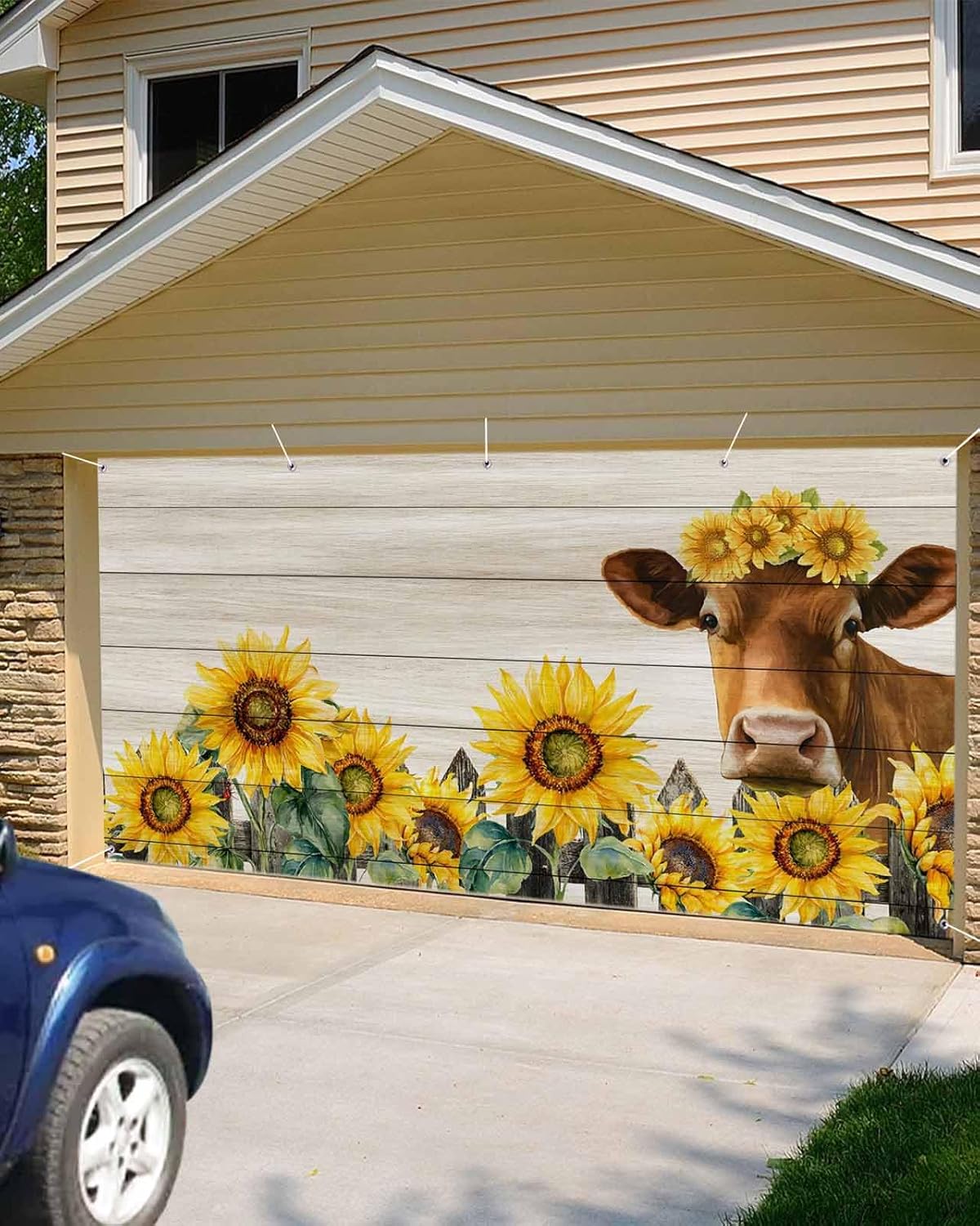 Garage Door Banner Farm Cow Sunflower Wood Fence Garage Door Decorations 7x16ft, Retro Wooden Plank Animal Hanging Backdrop Wall Decoration for Outdoor Party Holiday Birthday Yard