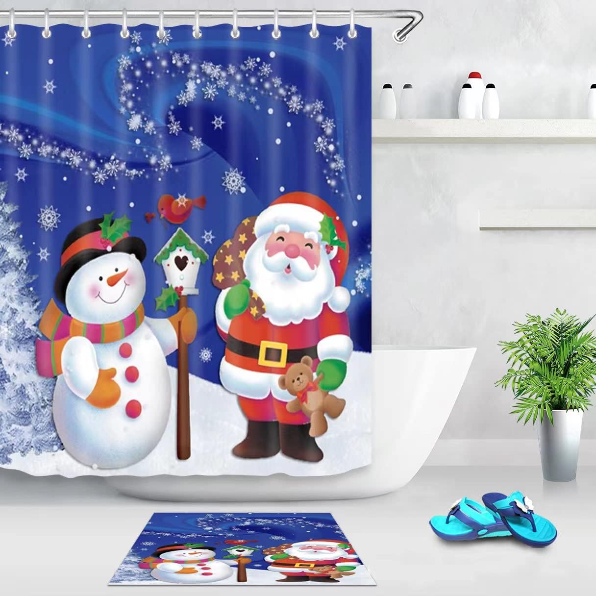 Amazon.com: ALIBBON Christmas Shower Curtain, Snowman Santa Waterproof ...