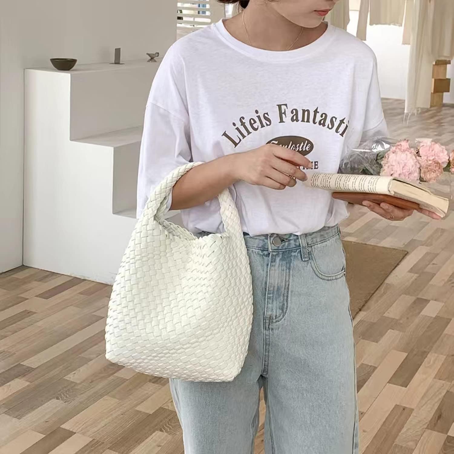 JINMANXUE Small Woven Bag for Women Cute Hobo Tote Handbag Mini Clutch Purse Vegan Leather Crossbody Shoulder Handmade Bags