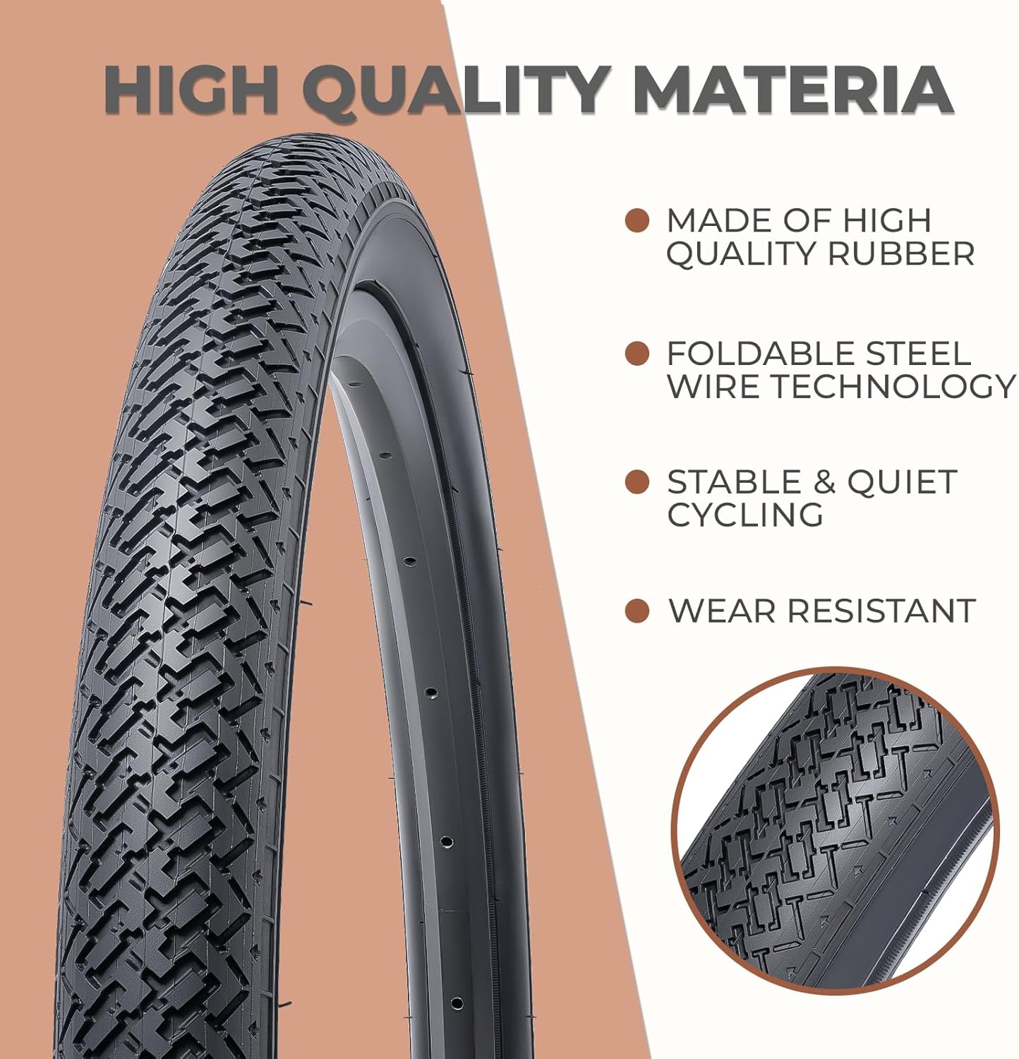 2 Pcs, 24x1.75 Bike Tires, Durable Folding 24 Inch 47-507 24x1.75 Road Bicycle Tires, Replacement Bike Tires for Road Cruiser Bicycle, Clincher