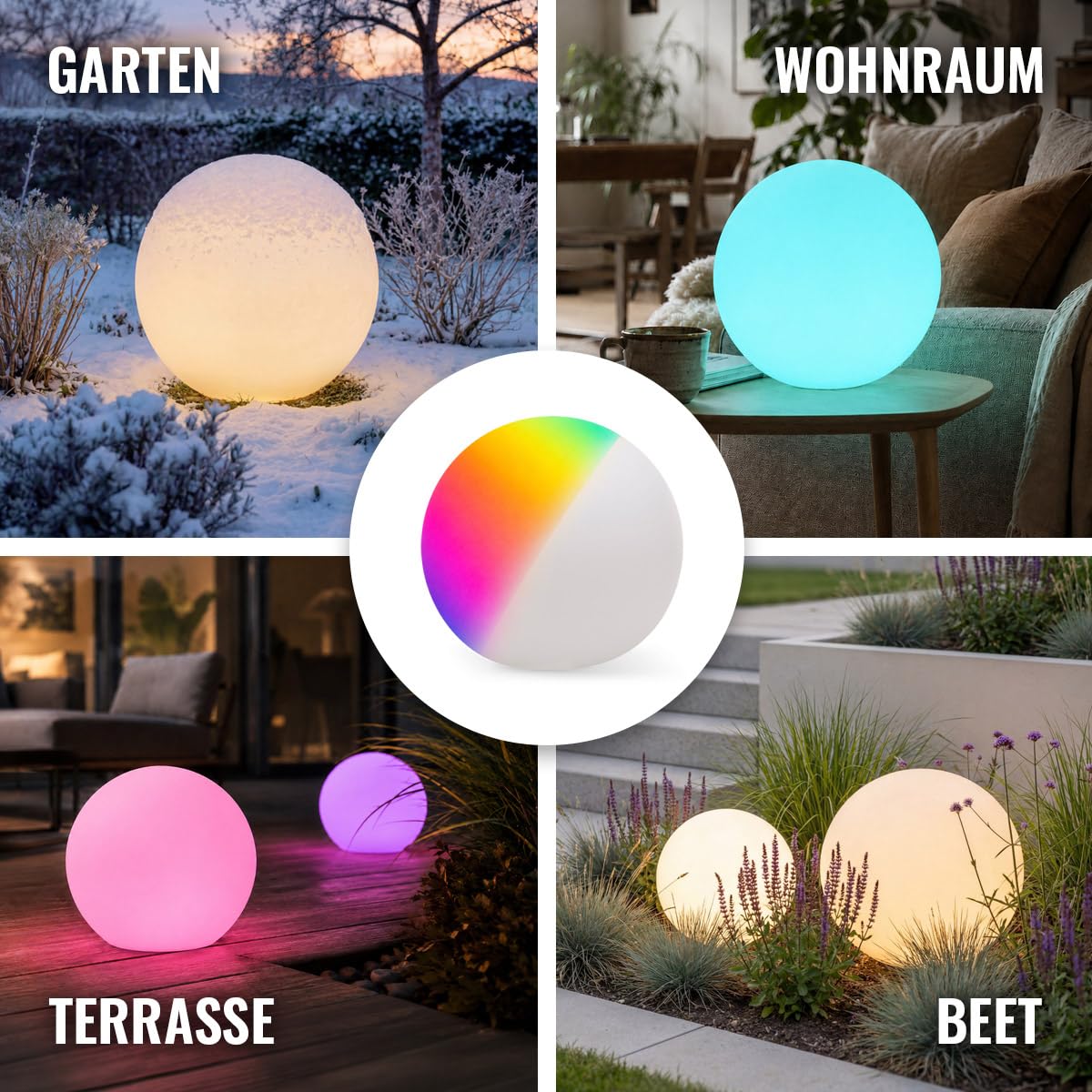 8 seasons design LED Kugelleuchte 60 cm Shining Globe (weiß) – E27, RGB Farbwechsel, dimmbar, mit Fernbedienung – große Kugellampe für außen (Garten, Terrasse & Balkon) und innen - robust & langlebig